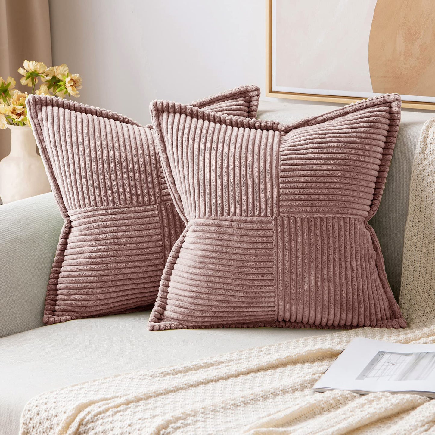 MIULEE Decorative Throw Pillow Covers for Couch 18x18 Inch Beige 2 Pack | Boho Broadside Striped Patchwork Pillow Covers, Soft Corduroy Cushion Cases, For Sofa Bed Livingroom Home Decor
