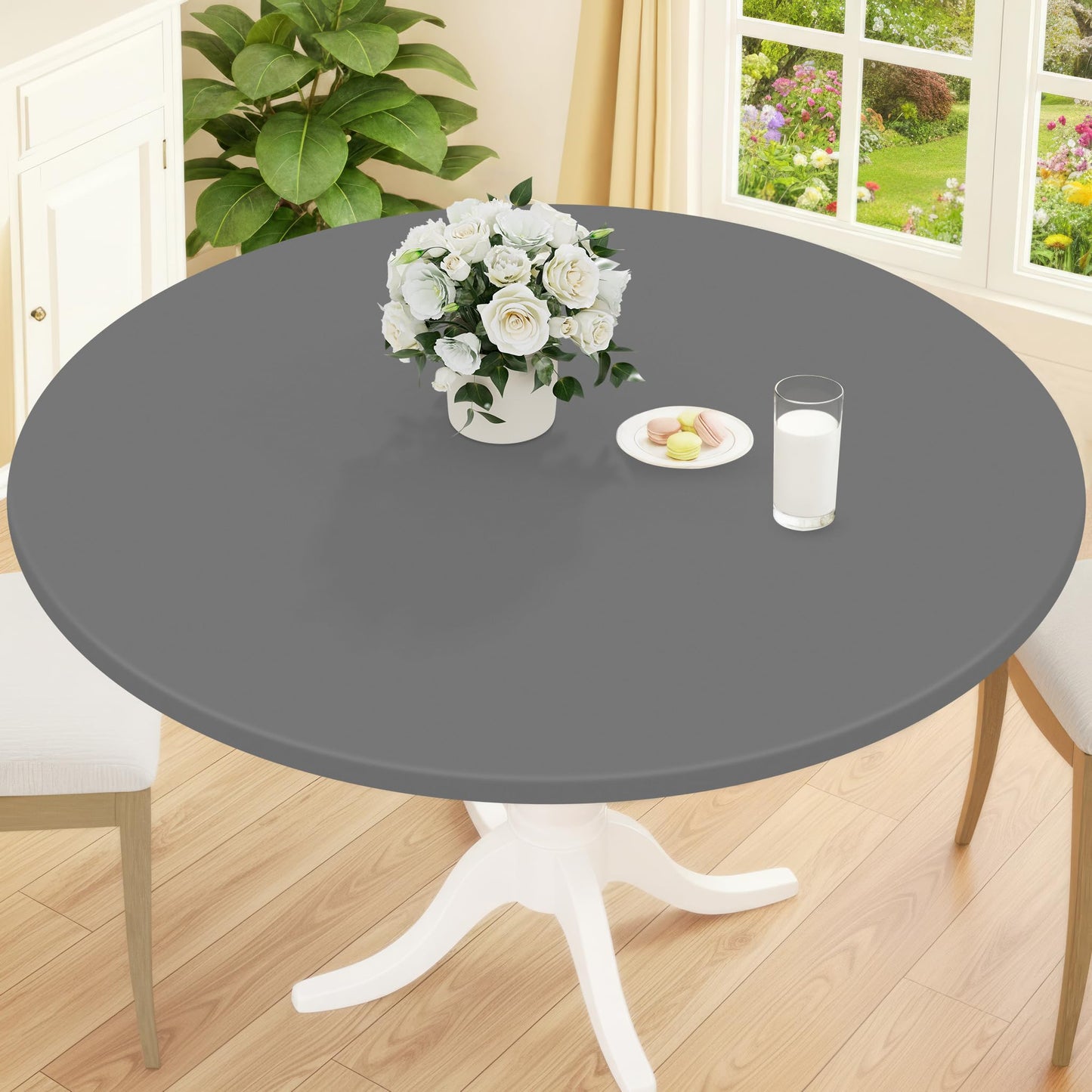 Smiry Round Picnic Tablecloth, Waterproof Elastic Fitted Table Covers for 45" - 56" Tables, Wipeable Flannel Backed Vinyl Tablecloths for Camping, Indoor, Outdoor, Grey & White