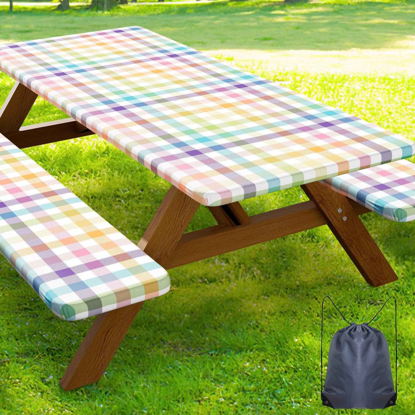 Smiry 6FT Picnic Table Cover with Bench Covers, Elastic Fitted Tablecloth | Waterproof Washable Rectangle Tablecloths ,Buffalo Plaid Tablecloth for Dining, Camping, Outdoor (Black & White, 30" x 72")