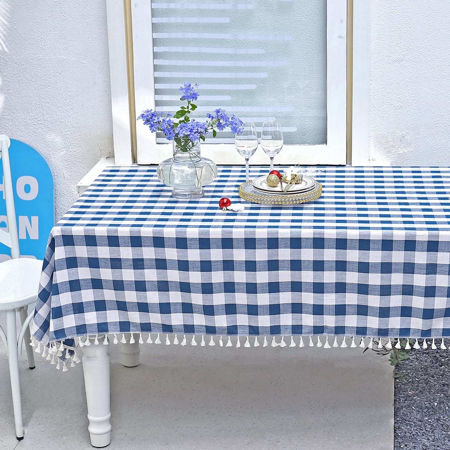 Midsummer Breeze Country Garden Green Gingham Tablecloth Rectangle 55”x84” | tassel, spring, easter, summer, picnic, outdoor, checkered, fresh, camping, Christmas, washable, wrinkle free, reusable