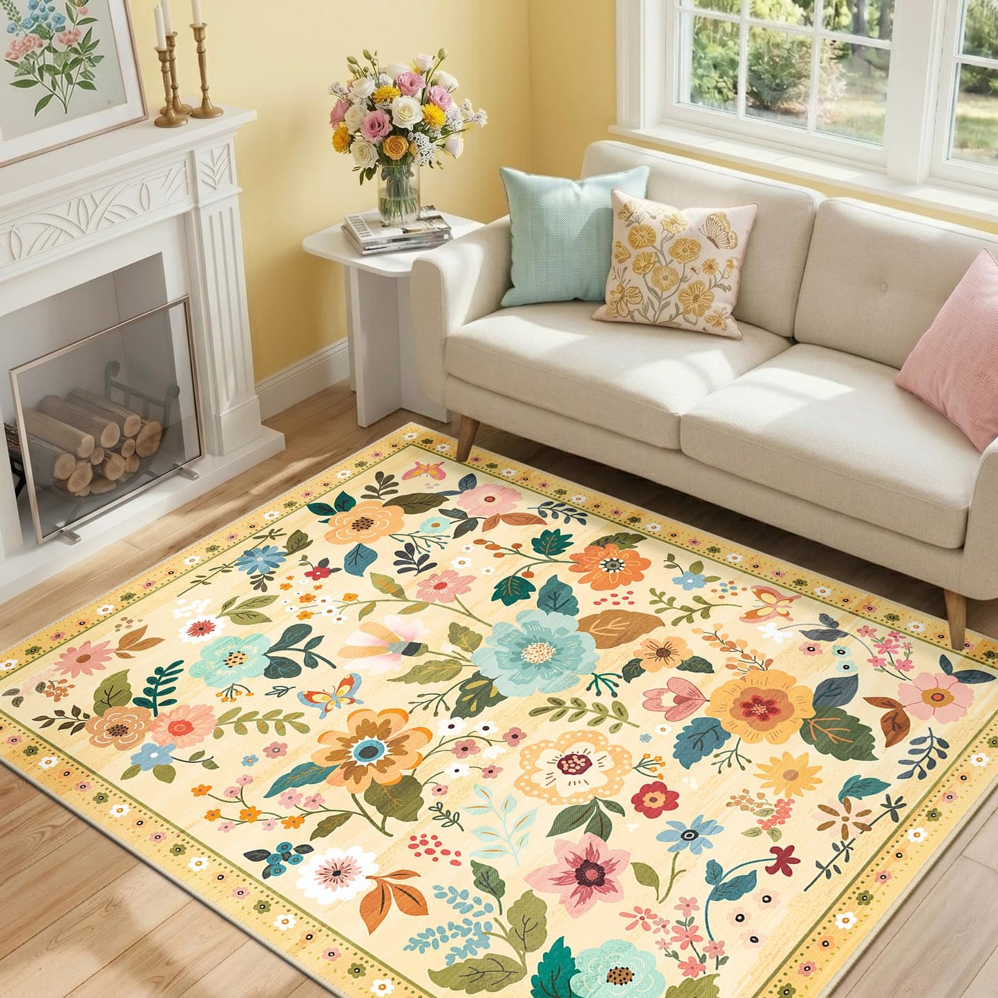 RELEANY Floral Washable 5x7 Area Rugs Black | Flower Carpet, Print, Boho, Non-Slip, Easy to Clean, Soft, Low Pile for Living Room Bedroom Kitchen Office Entryway Hallway