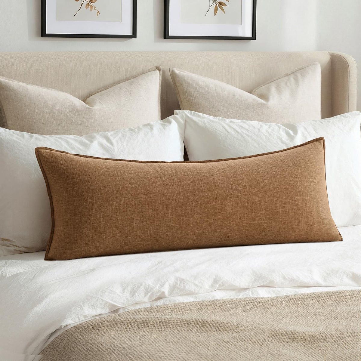 MIULEE Decorative Linen Lumbar Pillow Cover 14x36 Inch Natural Beige | Boho Farmhouse Neutral Couch Long Throw Pillow for Bed, Pack of 1 Accent Modern Pillowcase, Sofa Livingroom Home Decor