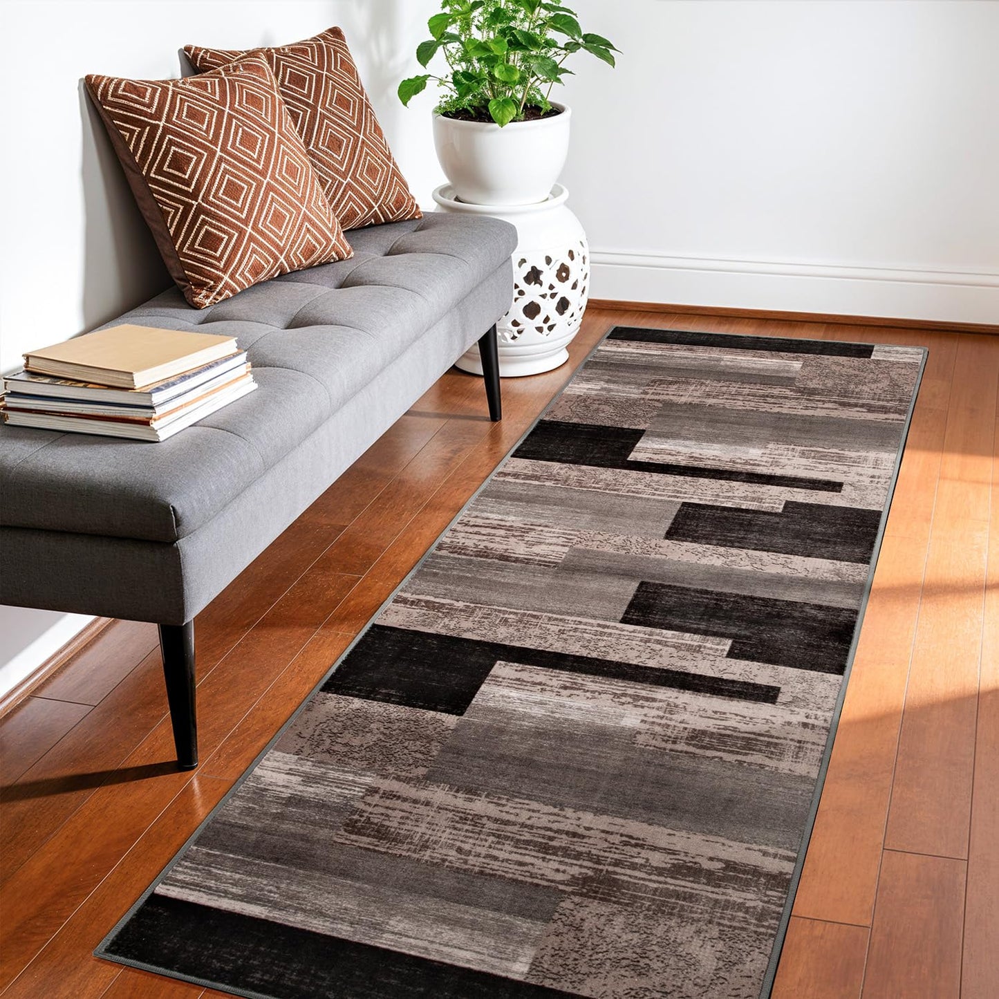 LIANLAM 8x10 Washable Area Rugs for Living Room & Bedroom(8x10,Black&Gray) | Non-Slip Large Carpet,Vintage Checkered Pattern, Stain Resistant Faux Wool Low Pile Soft Rug for Dining Room,Office,Nursery