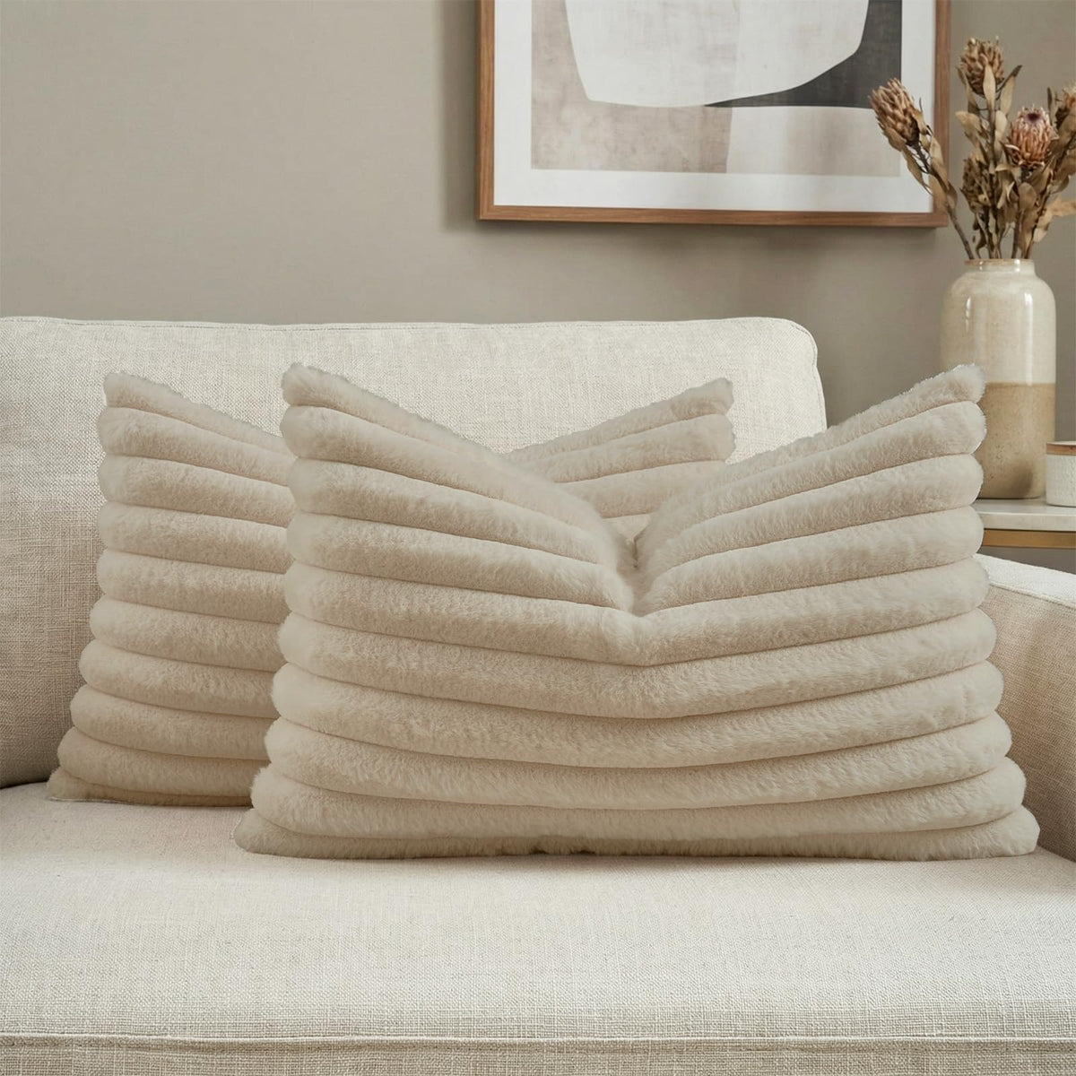 FUTEI Pack of 2 Faux Fur Throw Pillow Covers 18x18 Inch, Cream White | Fluffy Faux Rabbit Fur Front/Premium Velvet Back,Hidden Zipper,Machine Washable,Non-Shedding,Colorfast,Insert Not Included.