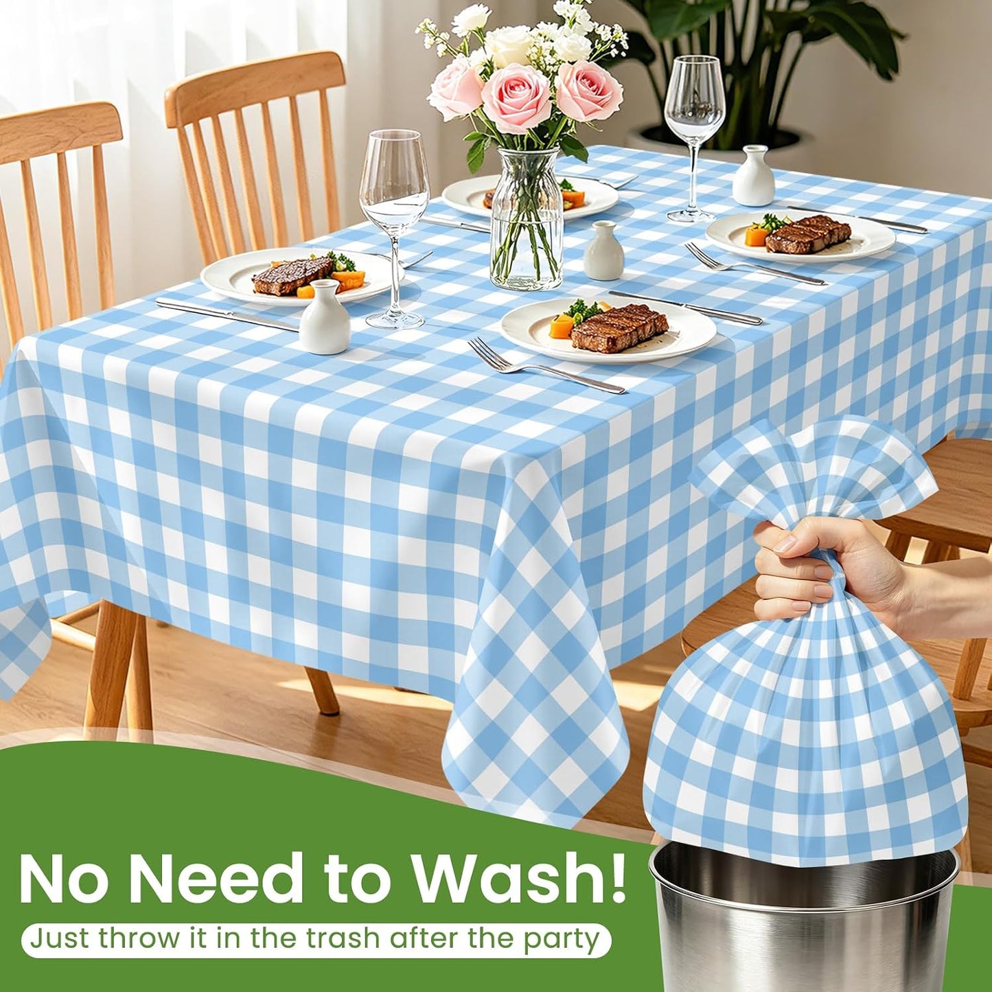 6 Pack Blue and White Checkered Tablecloth, Blue Plastic Table Cloths for Parties Disposable, 54 x 108 inch Waterproof Blue Gingham Camping Tablecloth for Birthday, Party, Picnic