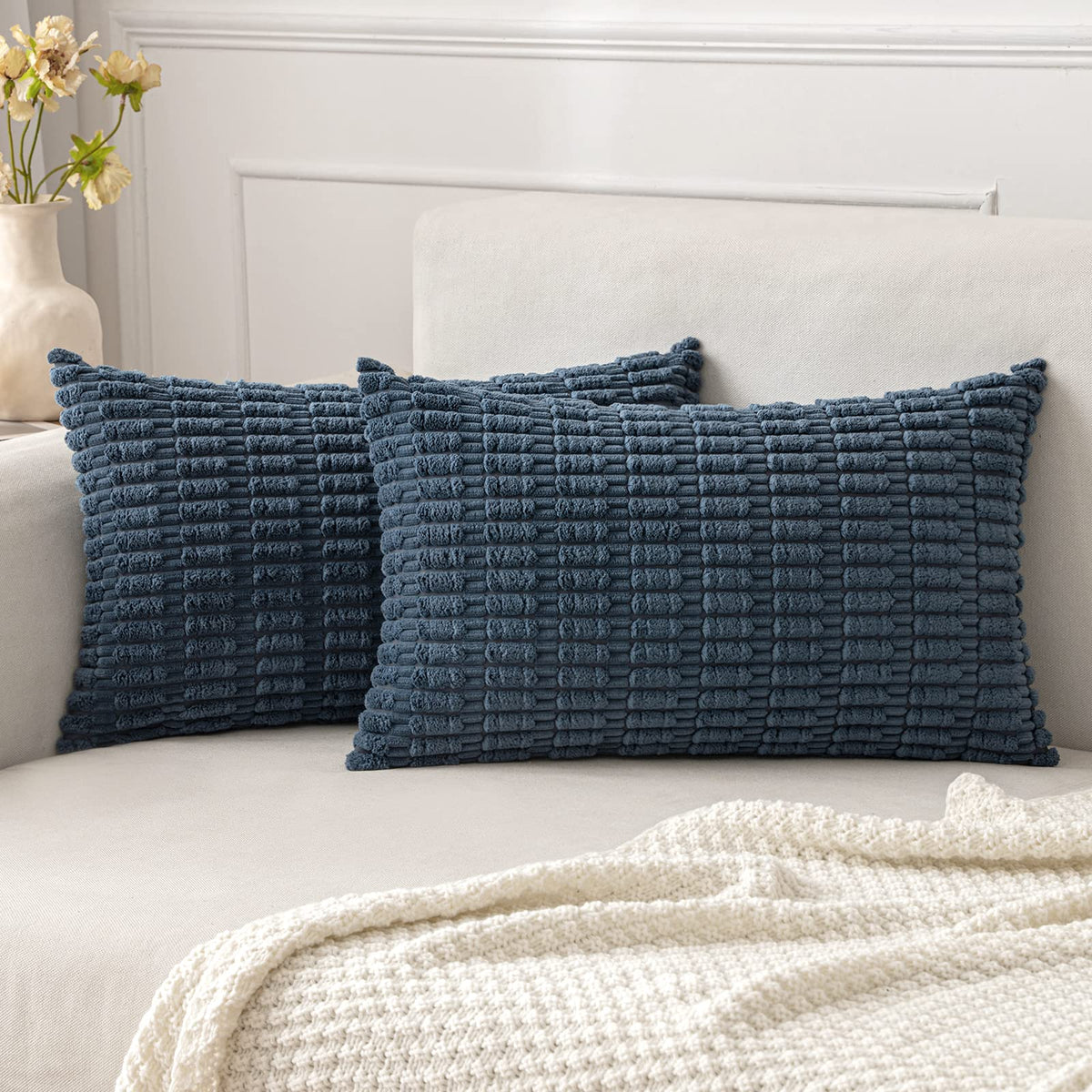 MIULEE Corduroy Decorative Throw Pillow Covers 18x18 Cream White Pack of 2 | Soft Boho Striped Pillow Covers Modern Farmhouse Home Decor For Sofa Living Room Couch Bed