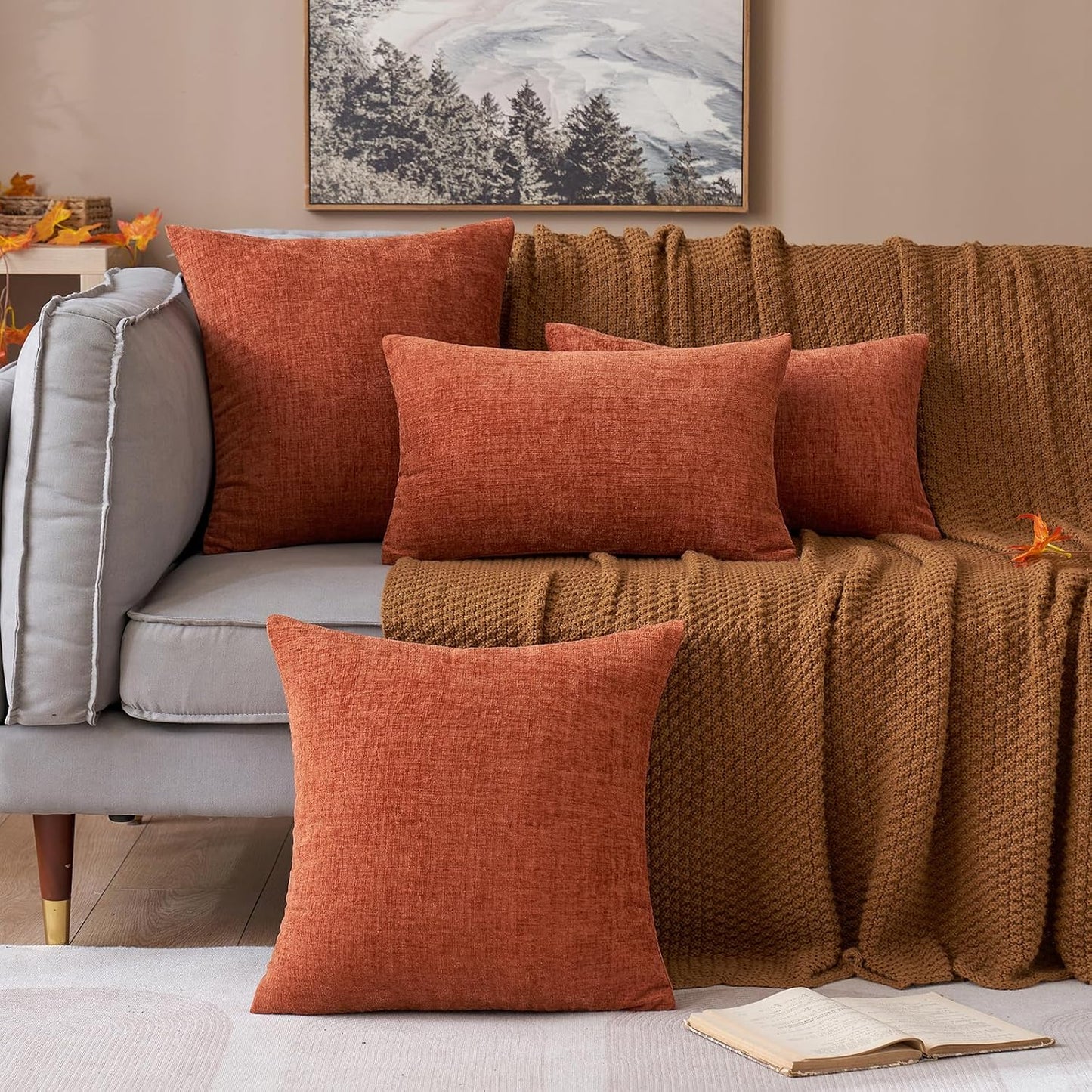 MIULEE Soft Chenille Fall Throw Pillow Covers Burnt Orange 18x18 Pack of 2 | Modern Fall Home Decor, Classic Decorative Pillows, Solid Dyed Cases, Boho Couch Cushion Covers for Sofa Bed Living Room