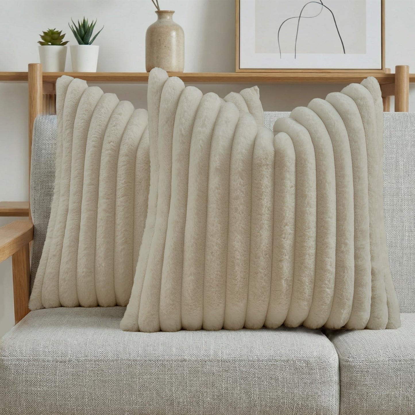 FUTEI Pack of 2 Faux Fur Throw Pillow Covers 18x18 Inch, Cream White | Fluffy Faux Rabbit Fur Front/Premium Velvet Back,Hidden Zipper,Machine Washable,Non-Shedding,Colorfast,Insert Not Included.