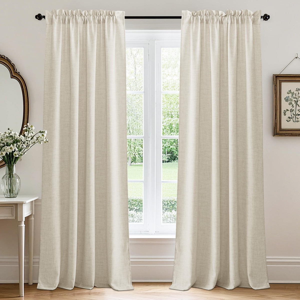 RYB HOME White Semi Sheer Curtains 84 inches Long for Living Room | Half Privacy, Linen Textured, Sheer Light Filtering, Vertical Window Drapes, for Bedroom Dining, White, W52 x L84, 2 Panels