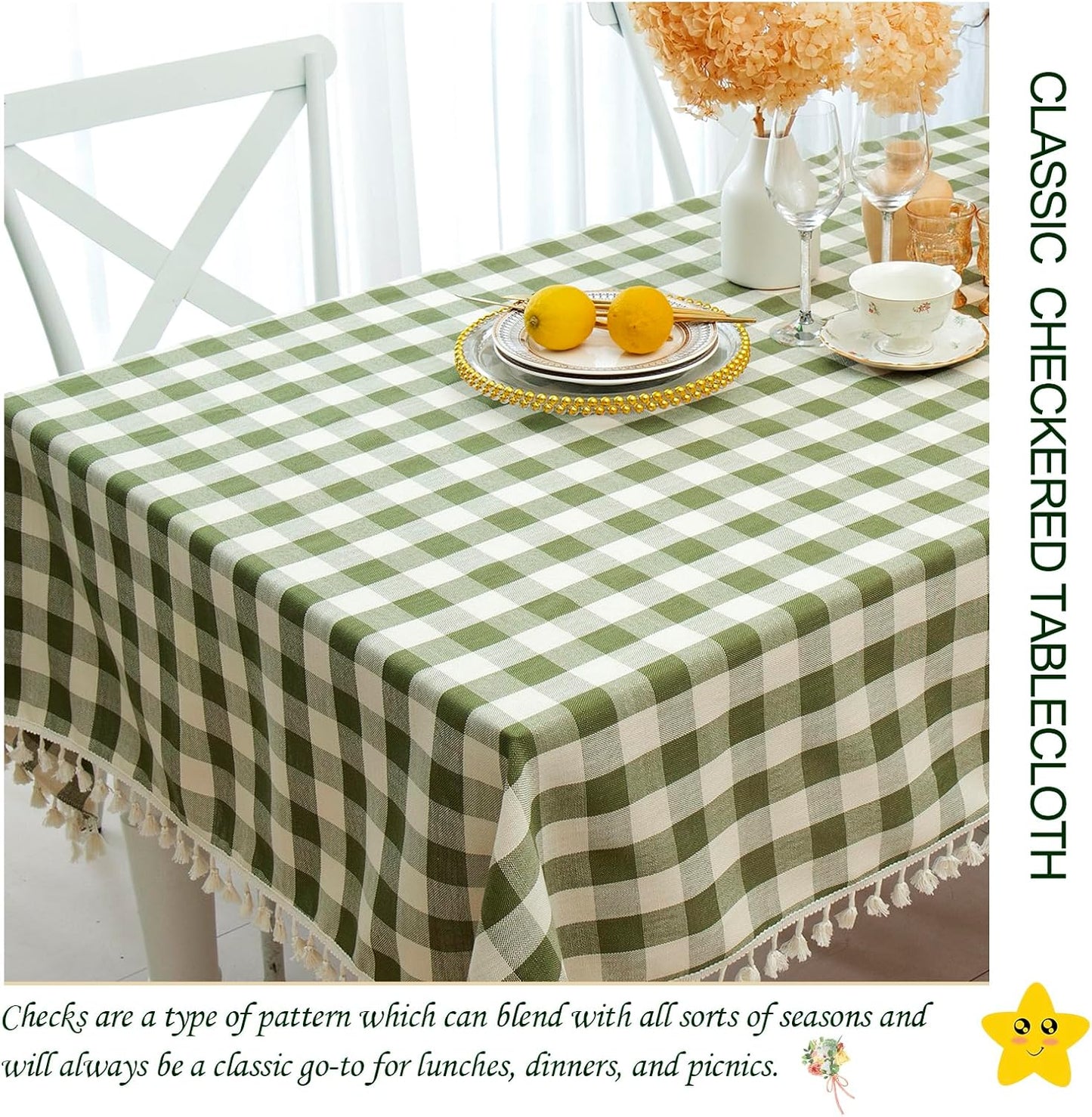 Midsummer Breeze Country Garden Green Gingham Tablecloth Rectangle 55”x84” | tassel, spring, easter, summer, picnic, outdoor, checkered, fresh, camping, Christmas, washable, wrinkle free, reusable