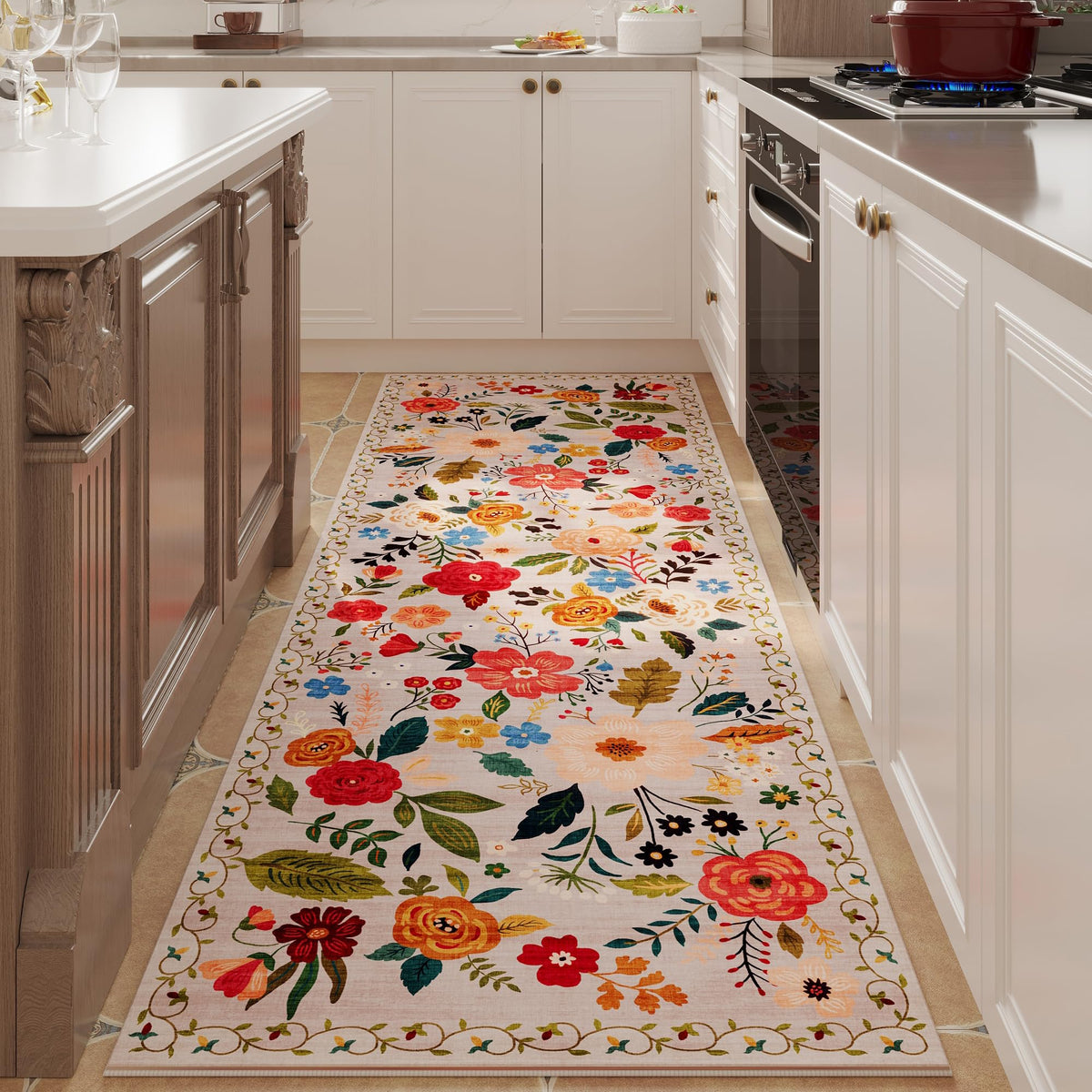 Rugcomf Living Room Rug 5x7 Rug Machine Washable Boho Area Rug Non Slip Floral Vintage Low Pile Large Rugs for Living Room, Bedroom, Farmhouse, Dining Room, Kids Playroom(Black)