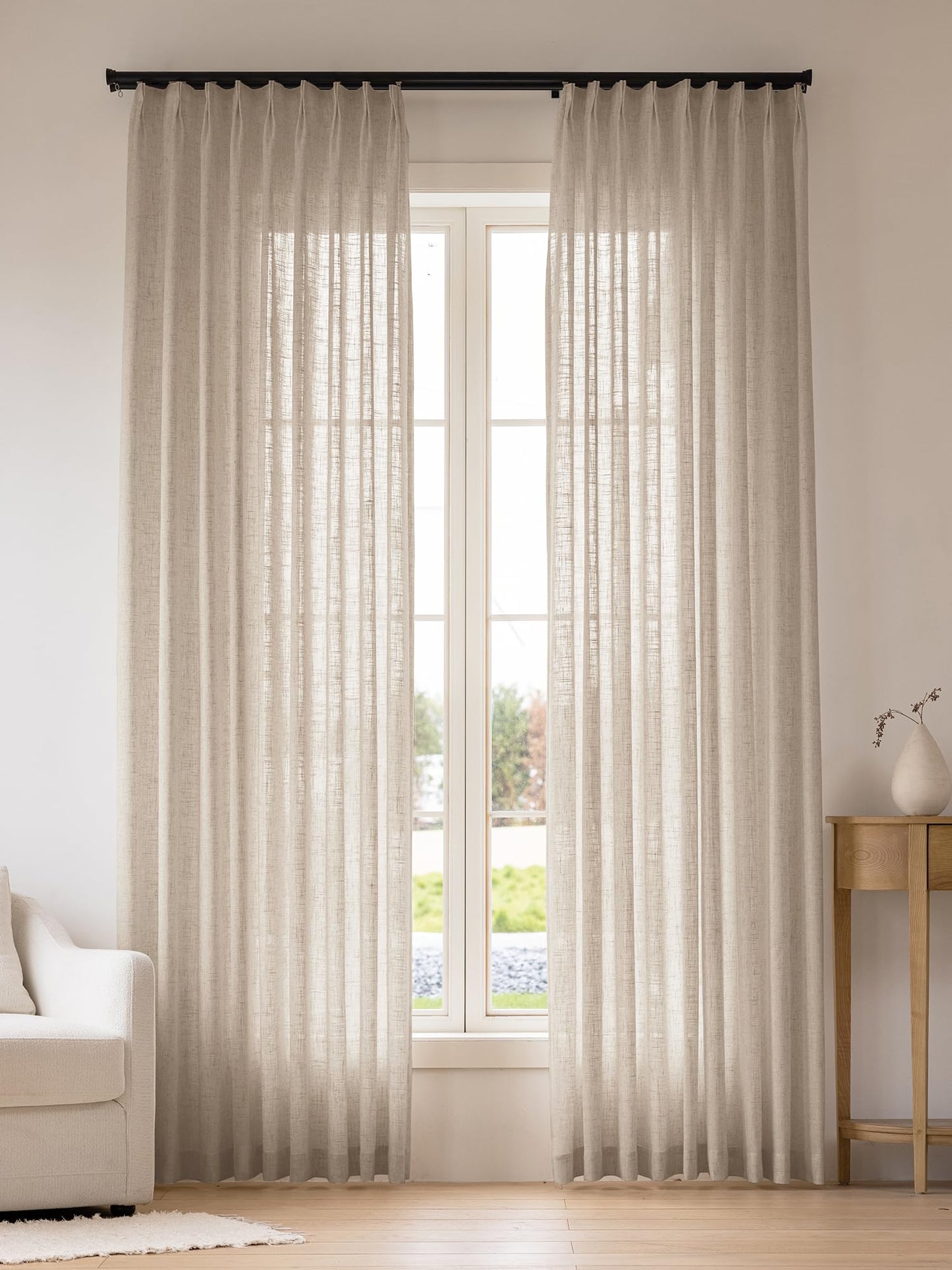 Liz Sheer Pinch Pleated Linen Curtains 102 Inches Long - Light Filtering Pleat Curtains for Living Room, Window Curtains for Bedroom, Luxury Pinch Pleated Drapes with Hooks, Natural, 2 Panels Set