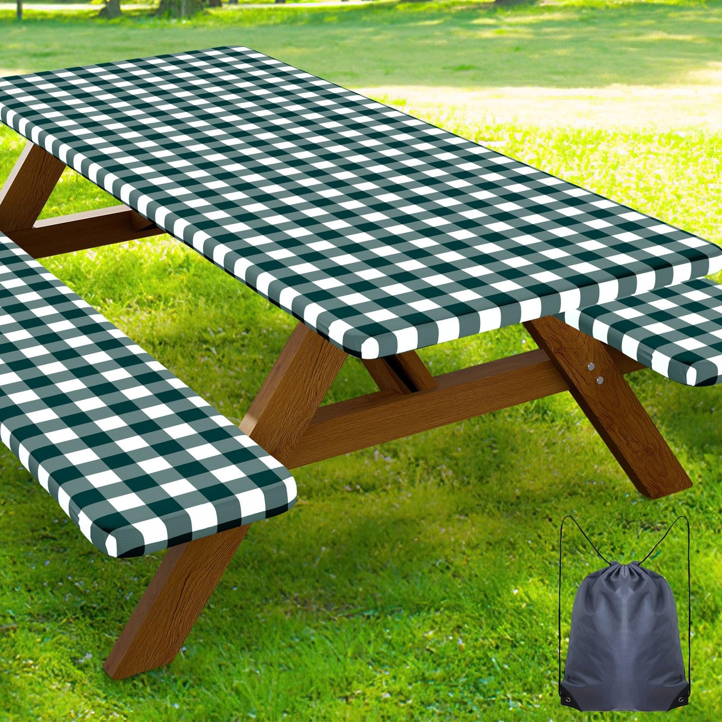 Smiry 6FT Picnic Table Cover with Bench Covers, Elastic Fitted Tablecloth | Waterproof Washable Rectangle Tablecloths ,Buffalo Plaid Tablecloth for Dining, Camping, Outdoor (Black & White, 30" x 72")