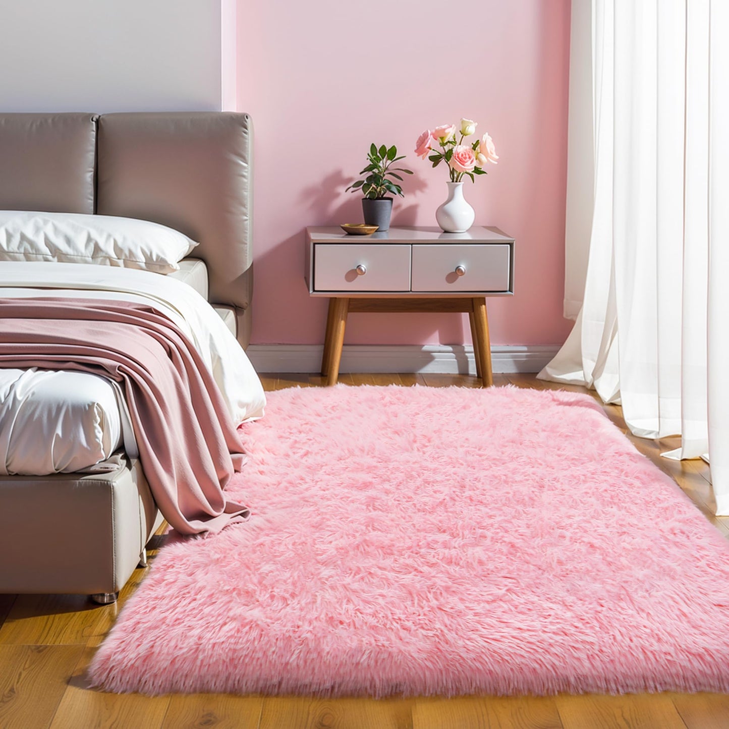 Pink Fluffy 4x6 Area Rugs for Bedroom Girls, Plush Washable Carpet | Area Rug for Kids Room, Nursery, Dorm Room, Non Slip Shaggy Floor Carpet