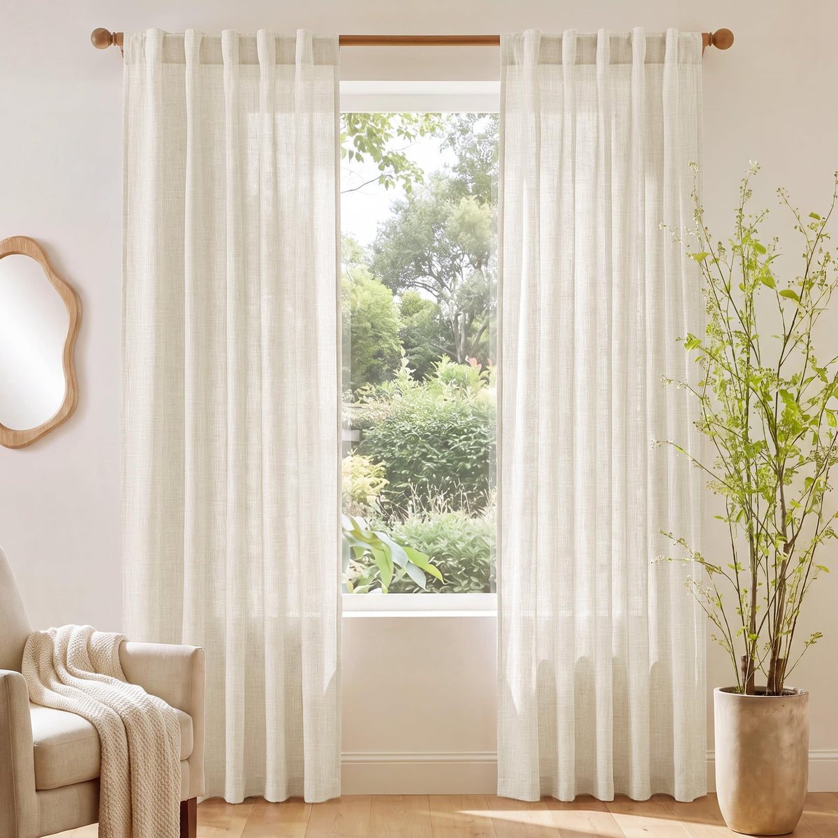 NICETOWN Semi Sheer White Curtains 84 inch Long, Rod Pocket & Back Tab Sheer Linen Curtains & Drapes Balance Privacy & Light Panels for Bedroom/Living Room, W52 x L84, 2 Panels