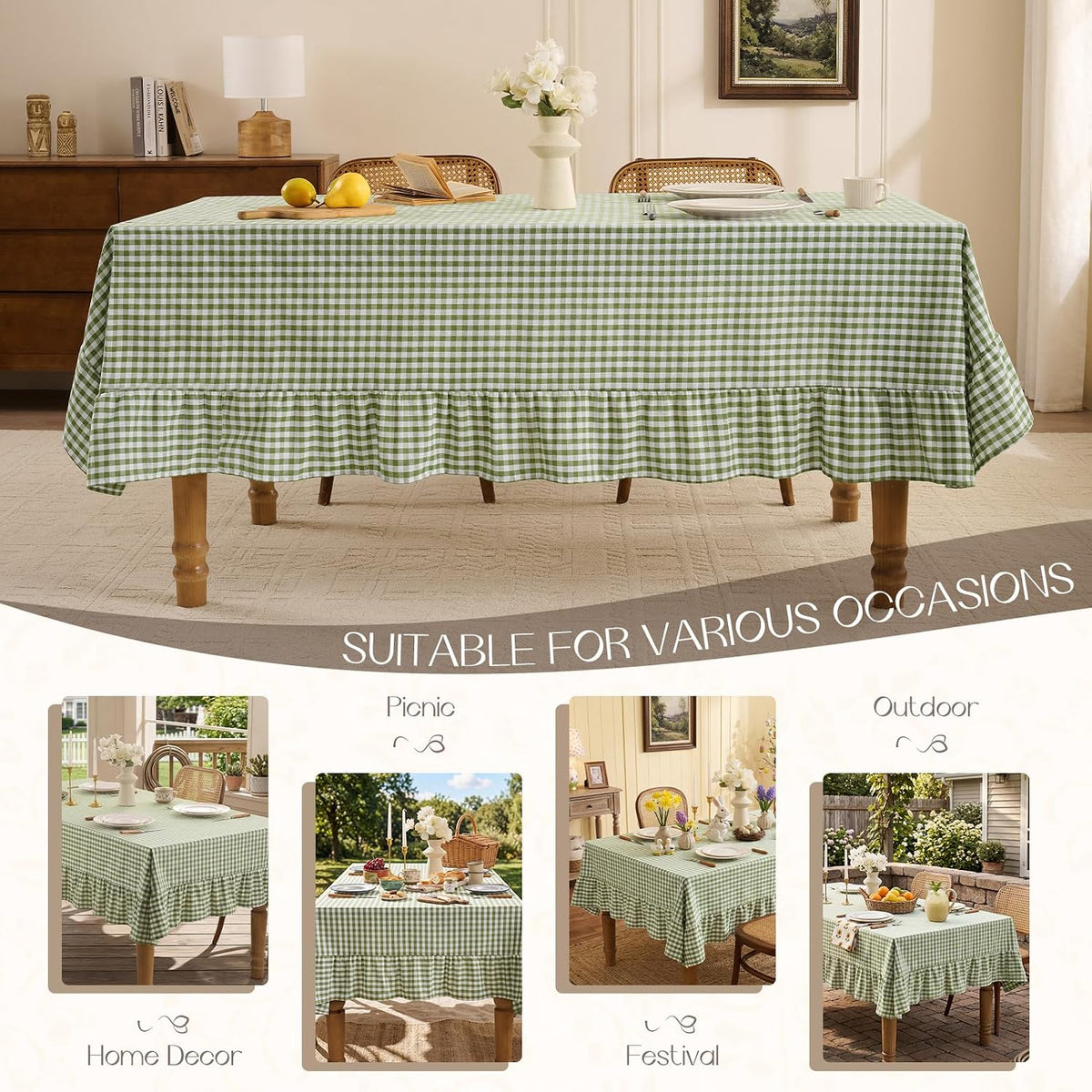 Romanstile Gingham Ruffled Tablecloth Rectangle, 60 x 84 Inch, Sage Green | Waterproof Checkered Table Cloth, Polyester-cotton, Farmhouse Plaid Table Cover for Outdoor, Picnic, Camping, Party