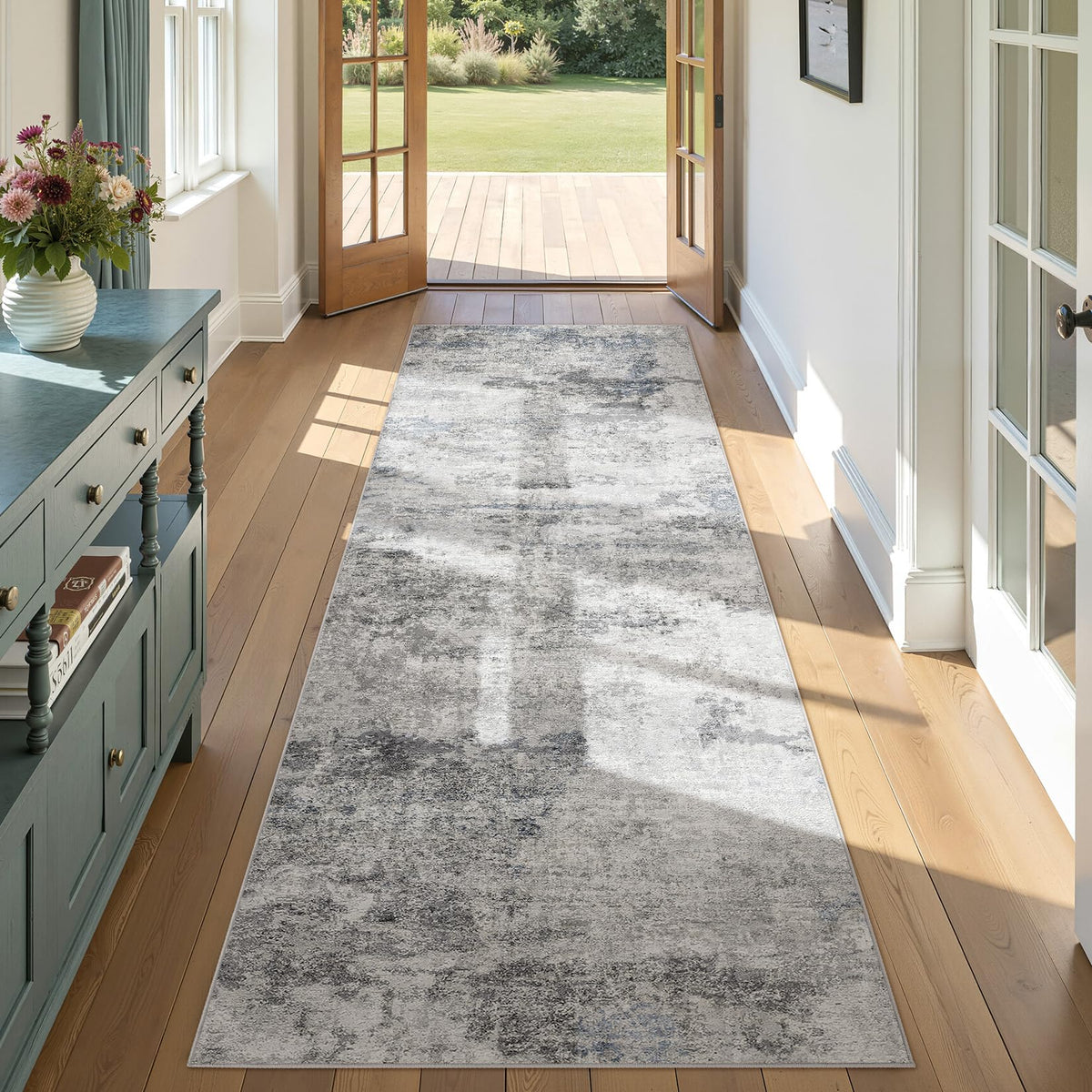DMOYEST 8x10 Area Rug for Living Room Washable Abstract Indoor Carpet | Neutral Modern Low Pile Rugs Kid & Pet Friendly Large Soft Thin Carpet for Bedroom Dining Room - Grey Blue