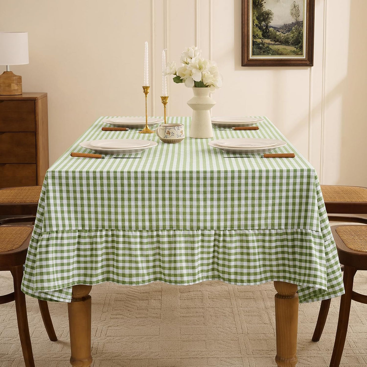 Romanstile Gingham Ruffled Tablecloth Rectangle, 60 x 84 Inch, Sage Green | Waterproof Checkered Table Cloth, Polyester-cotton, Farmhouse Plaid Table Cover for Outdoor, Picnic, Camping, Party