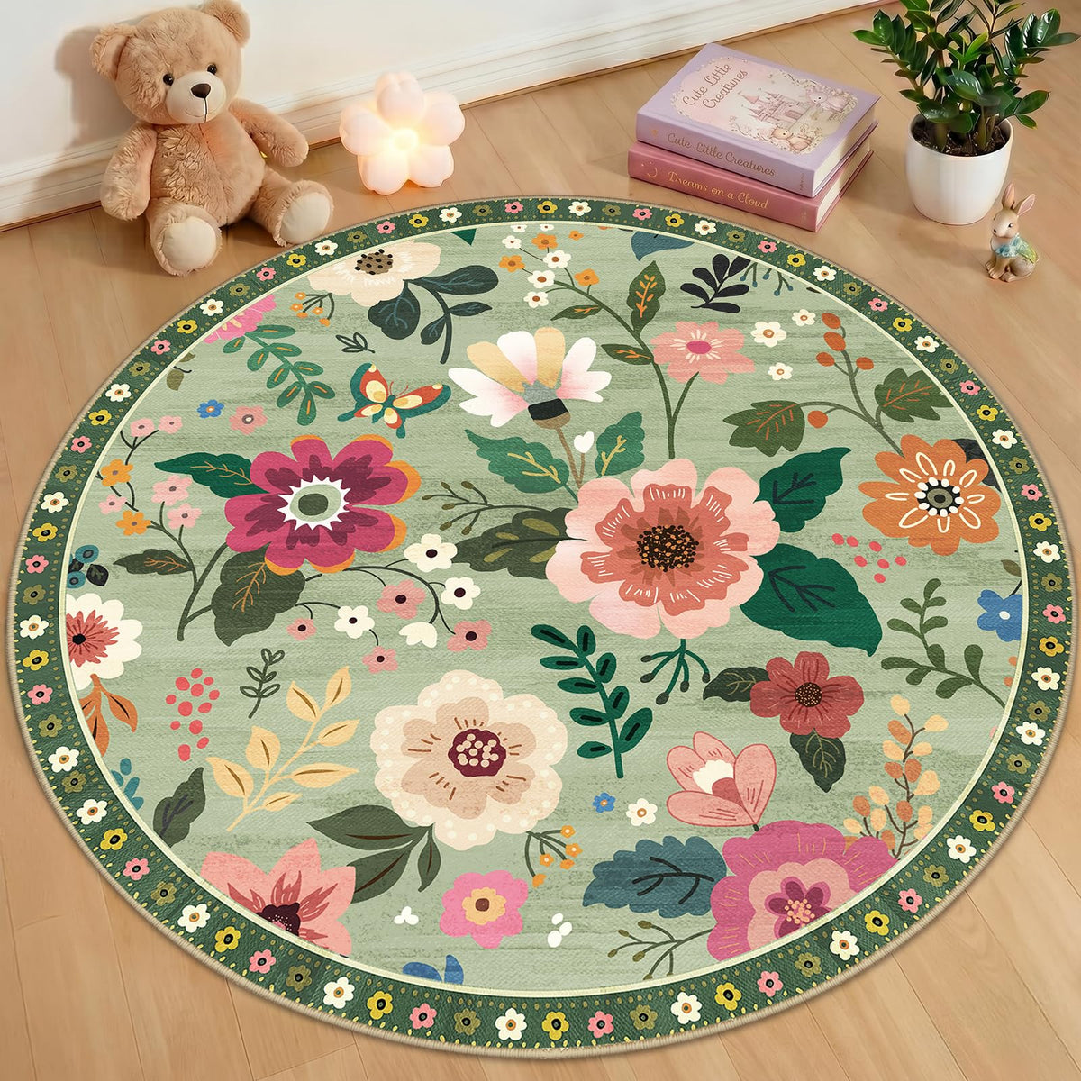 RELEANY Floral Washable 5x7 Area Rugs Beige/White/Orange | Flower Carpet, Print, Boho, Non-Slip, Easy to Clean, Soft, Low Pile for Living Room Bedroom Kitchen Office Entryway Hallway