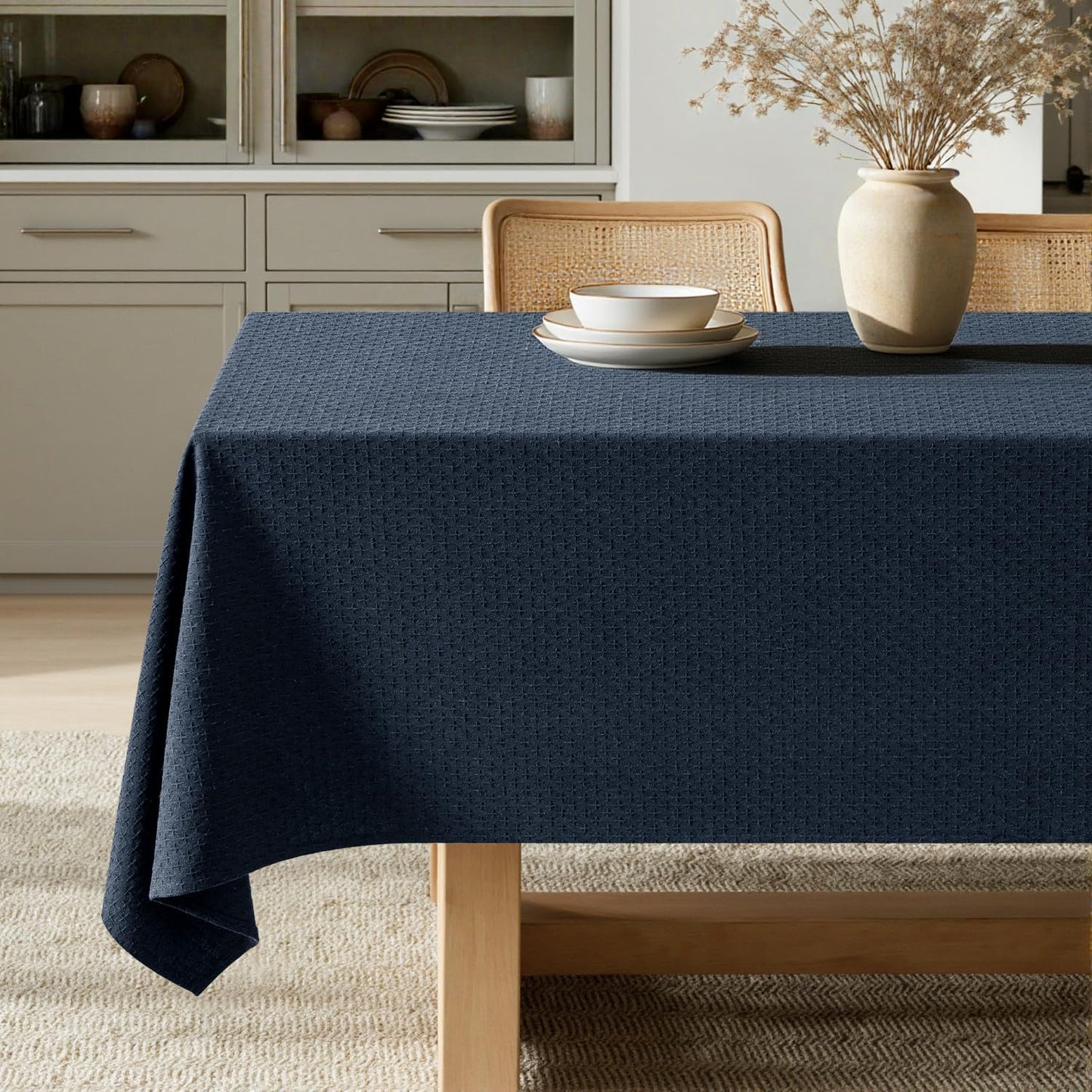 MIULEE Natural Beige Linen Cotton Table Cloth Rectangle Tablecloth Spring Waterproof Spillproof Cross-Star Textured Table Cloth Decorative Farmhouse Style for Dining Party Weddings 52x70 Inch
