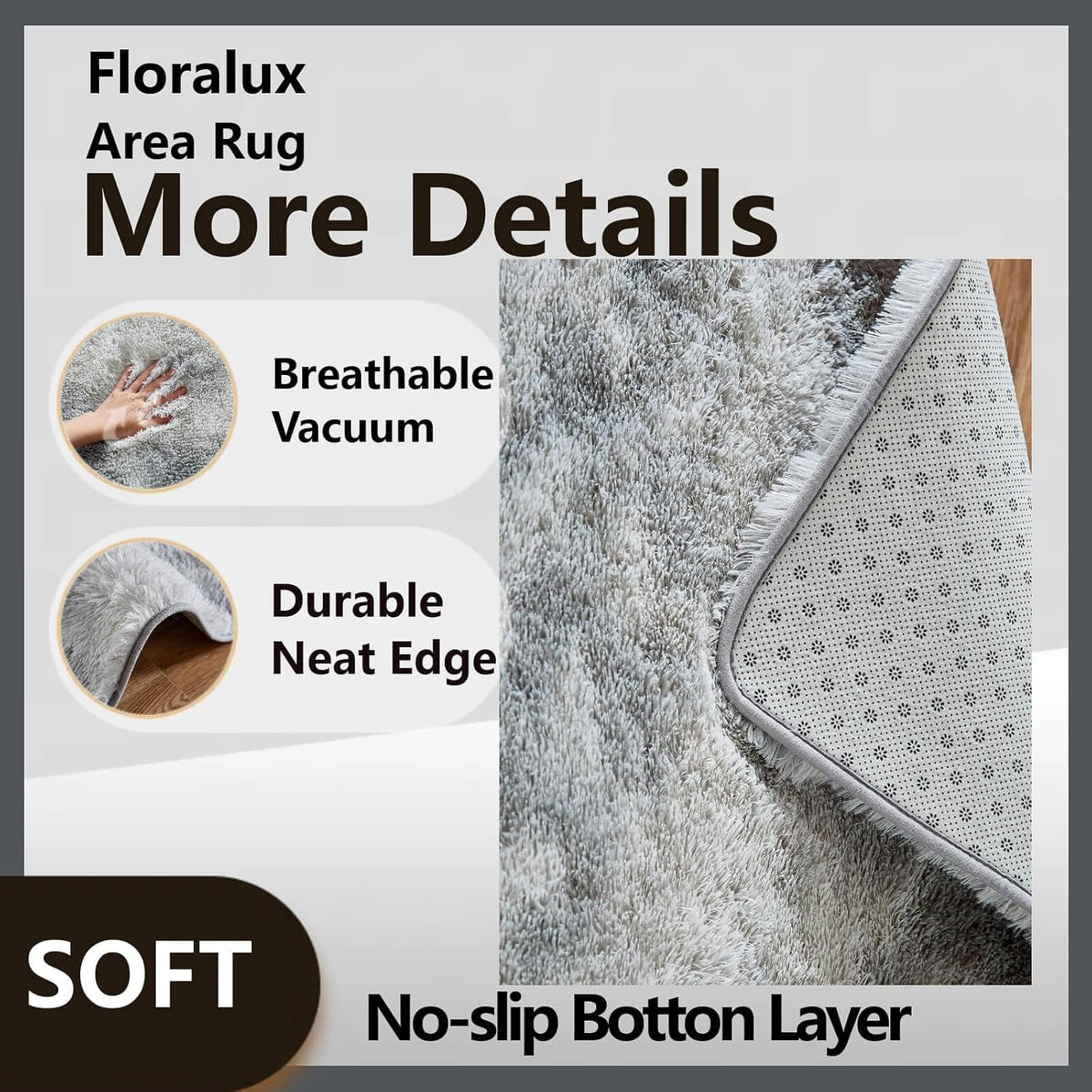 Floralux Rugs for Living Room, 6x9 Large Shag Area Rug, Tie-Dyed Light Grey Soft Fluffy Carpets for Bedroom
