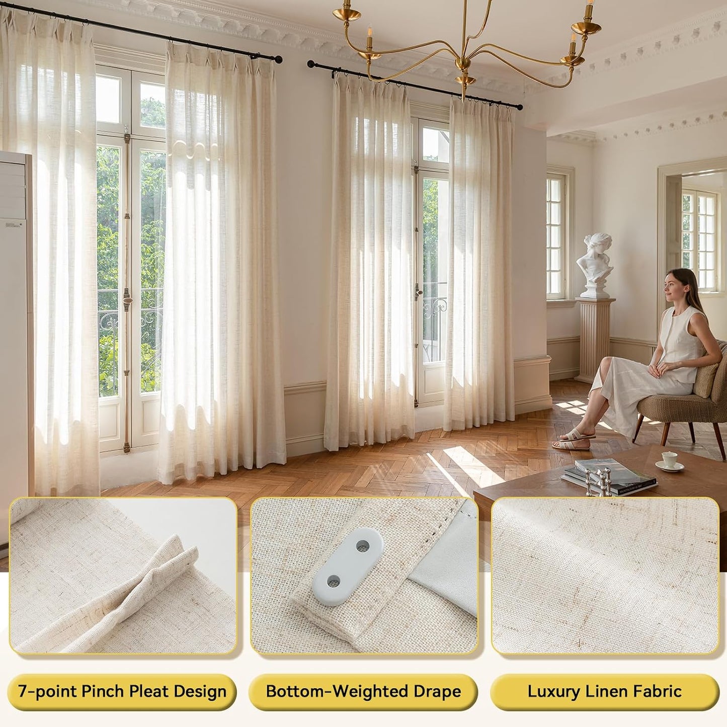 Liz Sheer Pinch Pleated Linen Curtains 102 Inches Long - Light Filtering Pleat Curtains for Living Room, Window Curtains for Bedroom, Luxury Pinch Pleated Drapes with Hooks, Natural, 2 Panels Set