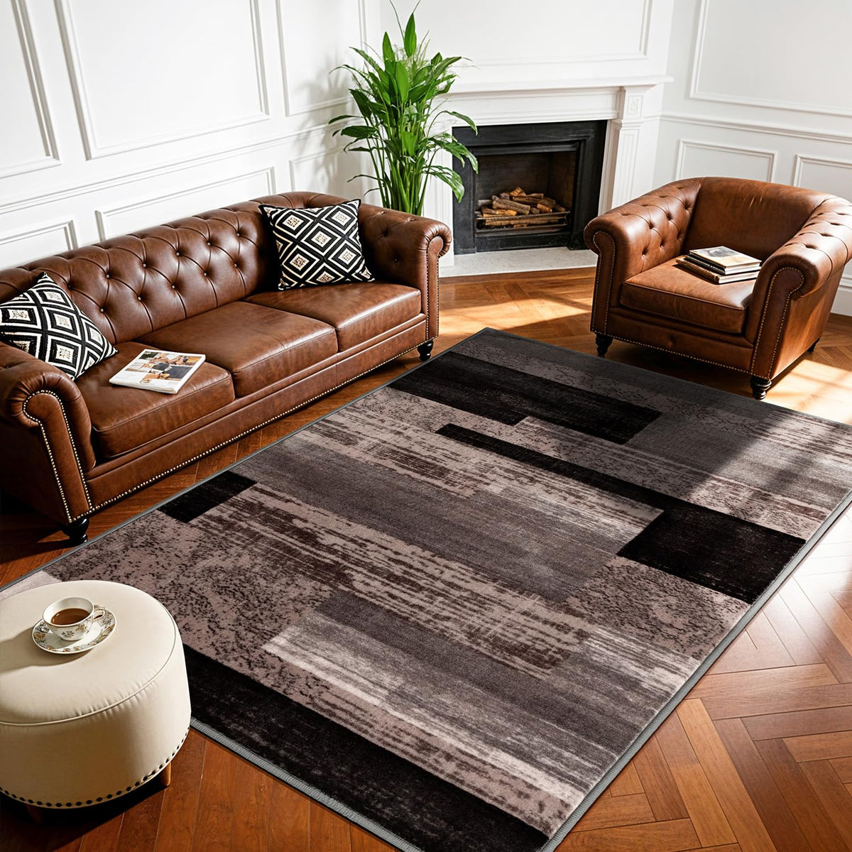 LIANLAM 8x10 Washable Area Rugs for Living Room & Bedroom(8x10,Black&Gray) | Non-Slip Large Carpet,Vintage Checkered Pattern, Stain Resistant Faux Wool Low Pile Soft Rug for Dining Room,Office,Nursery