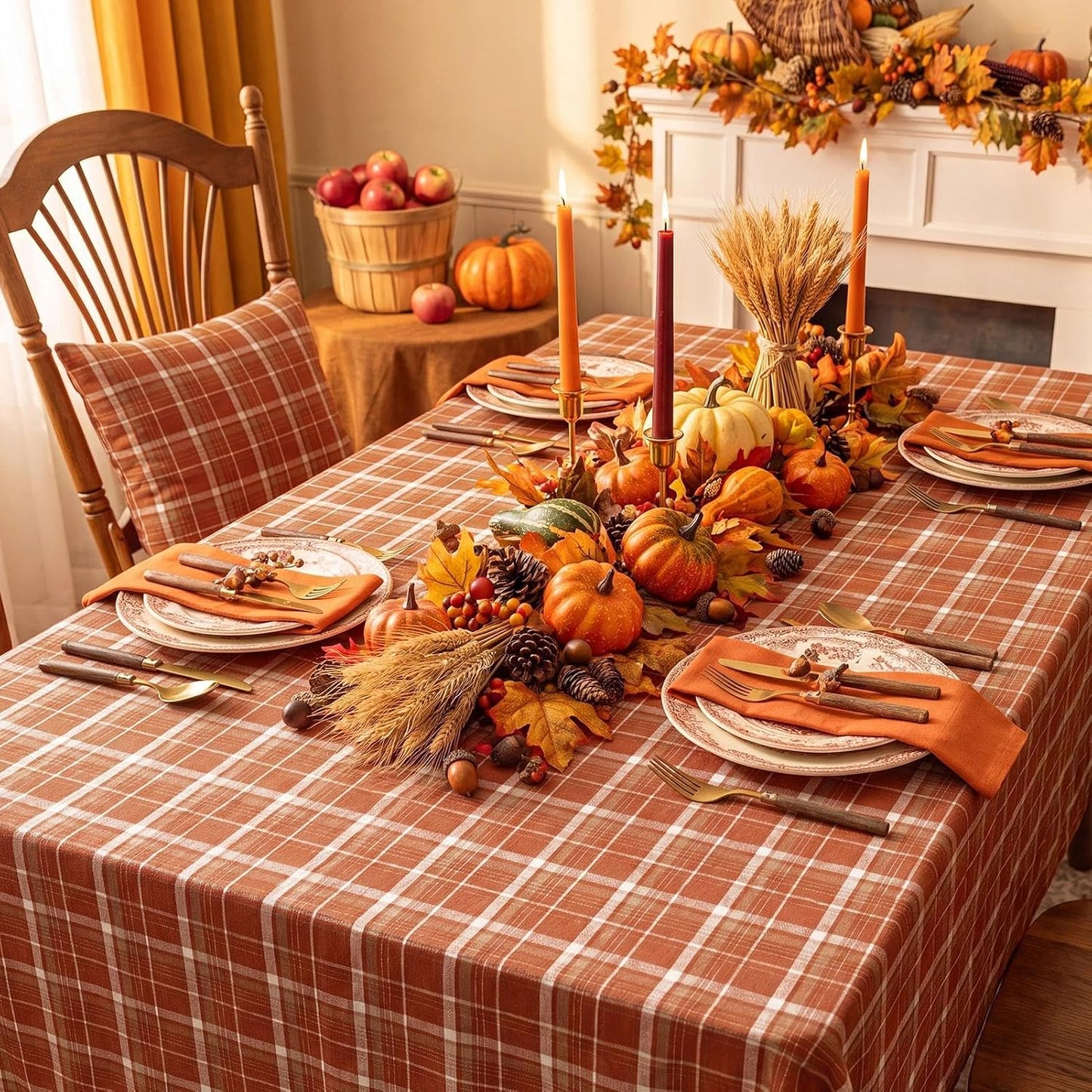 Softalker Fall Checkered Tablecloth Rectangle - Orange Buffalo Plaid Linen Cotton Gingham Thanksgiving Flannel Table Cloth, Autumn Farmhouse Table Cover for Dining Party Holiday Decor, 54 x 80 Inch