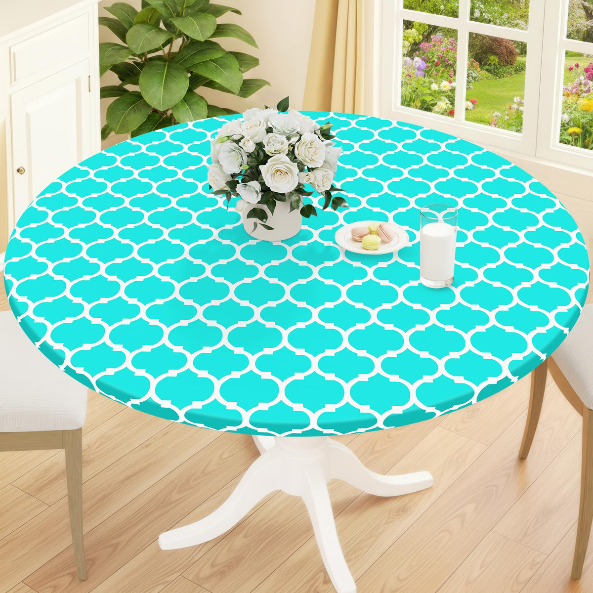 Smiry Round Picnic Tablecloth, Waterproof Elastic Fitted Table Covers for 45" - 56" Tables, Wipeable Flannel Backed Vinyl Tablecloths for Camping, Indoor, Outdoor, Grey & White