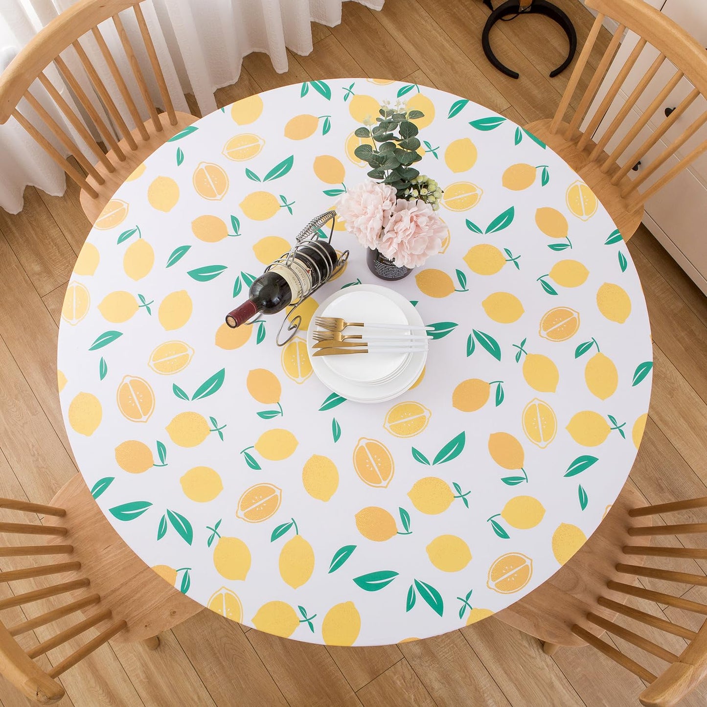 Pioggia Round Vinyl Fitted Tablecloth with Flannel Backing Elastic Table Cloth Waterproof Oil-Proof Plastic Table Cover Best for 45"-56" Round