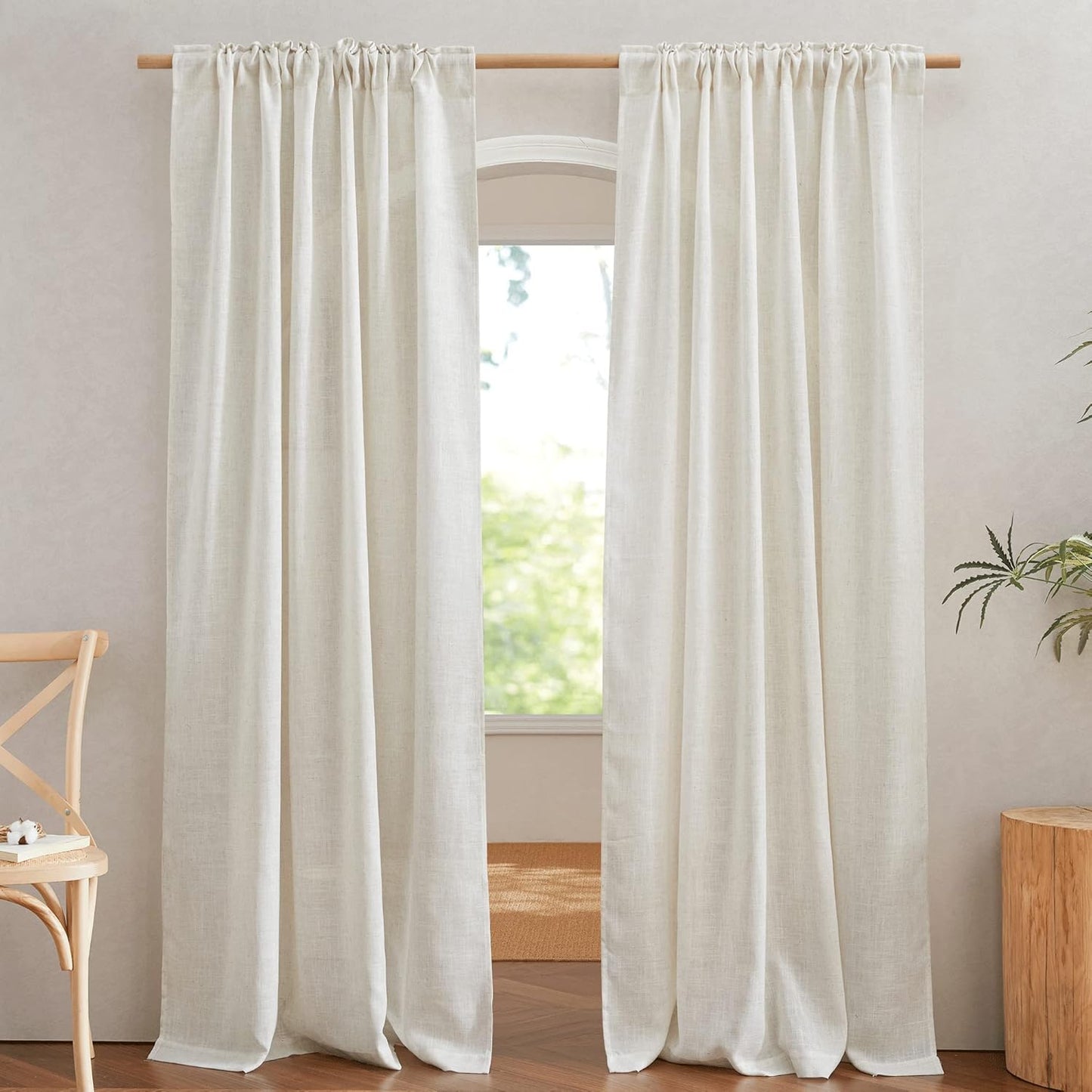 NICETOWN Flax Linen Curtains 84 inch Long, Rod Pocket & Back Tab Semi Sheer Vertical Drapes Privacy Added with Light Filtering for Bedroom/Living Room, Burlap, W52 x L84, 2 Pieces