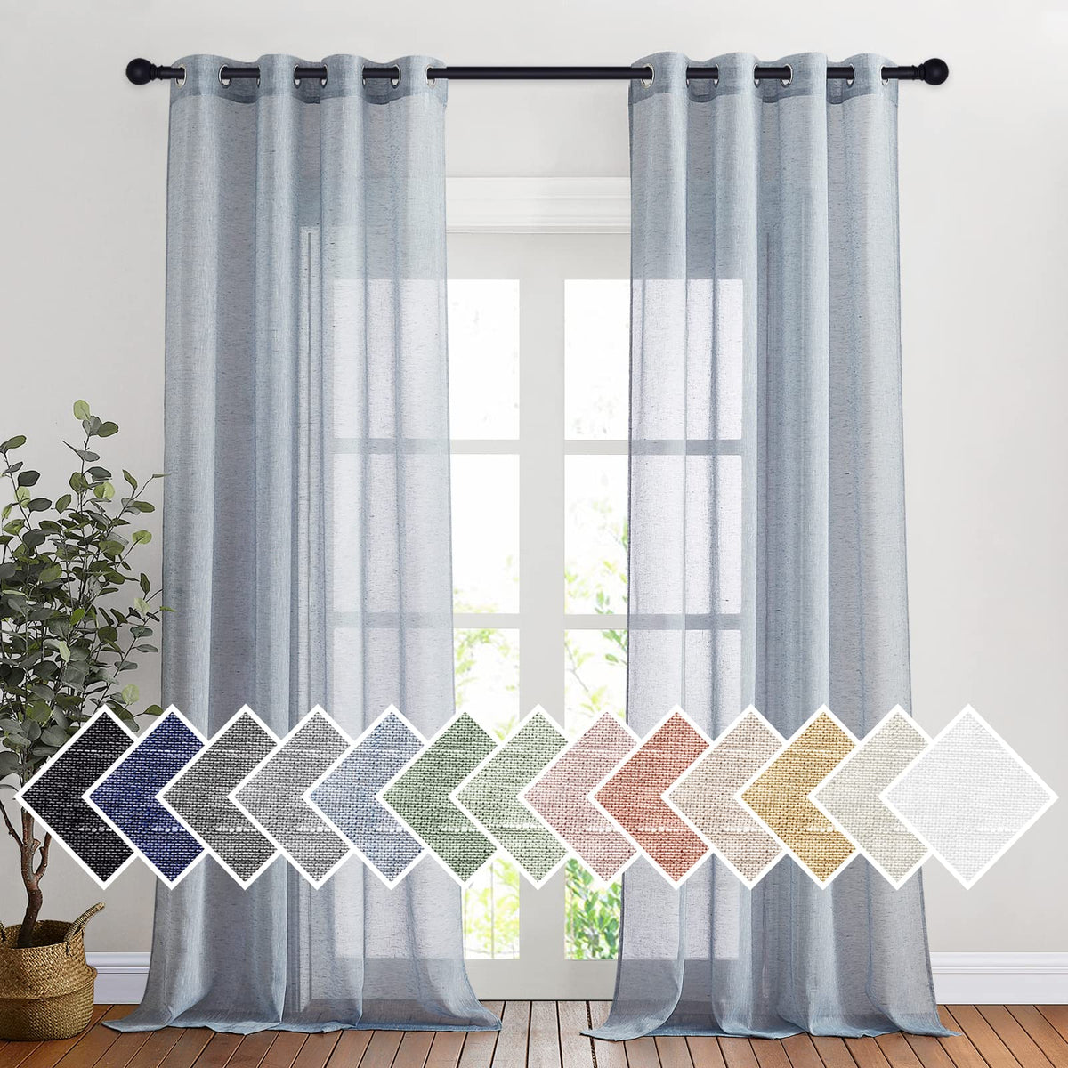 NICETOWN White Sheer Linen Curtains for Living Room 84 inch Length 2 Panels Set, Grommet Semi Sheer Privacy with Light Filtering Flax Window Treatments for Bedroom, W52 x L84