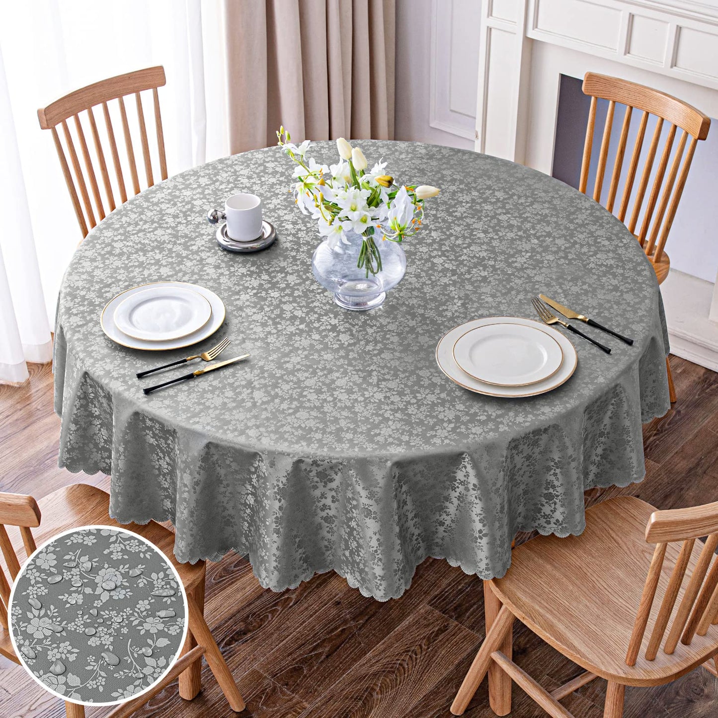 Smiry Rectangle Waterproof Heavy Duty Vinyl Tablecloths, 60 x 84 Inch | Wipeable Washable Floral Embossed Table Cover for Kitchen and Dining Room, Indoor & Outdoor Use, Beige