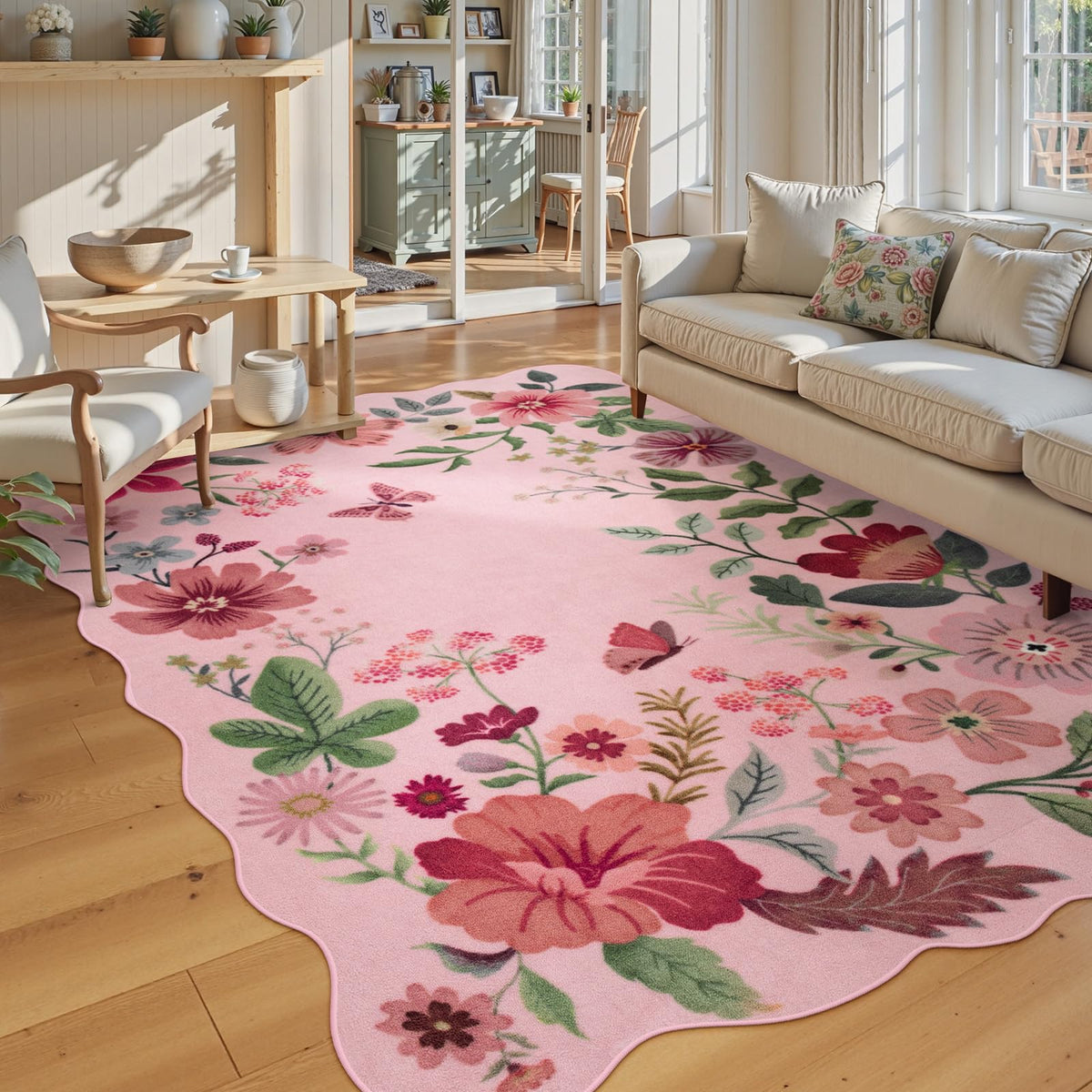 Lahome Floral Rugs for Living Room, 5x7 Area Rugs Ultra-Thin Soft Washable Rug, Non-Slip Bedroom Rug Stain Resistant Boho Flore Carpet for ‎Dining Room Office (5x7ft,Black/Grey)
