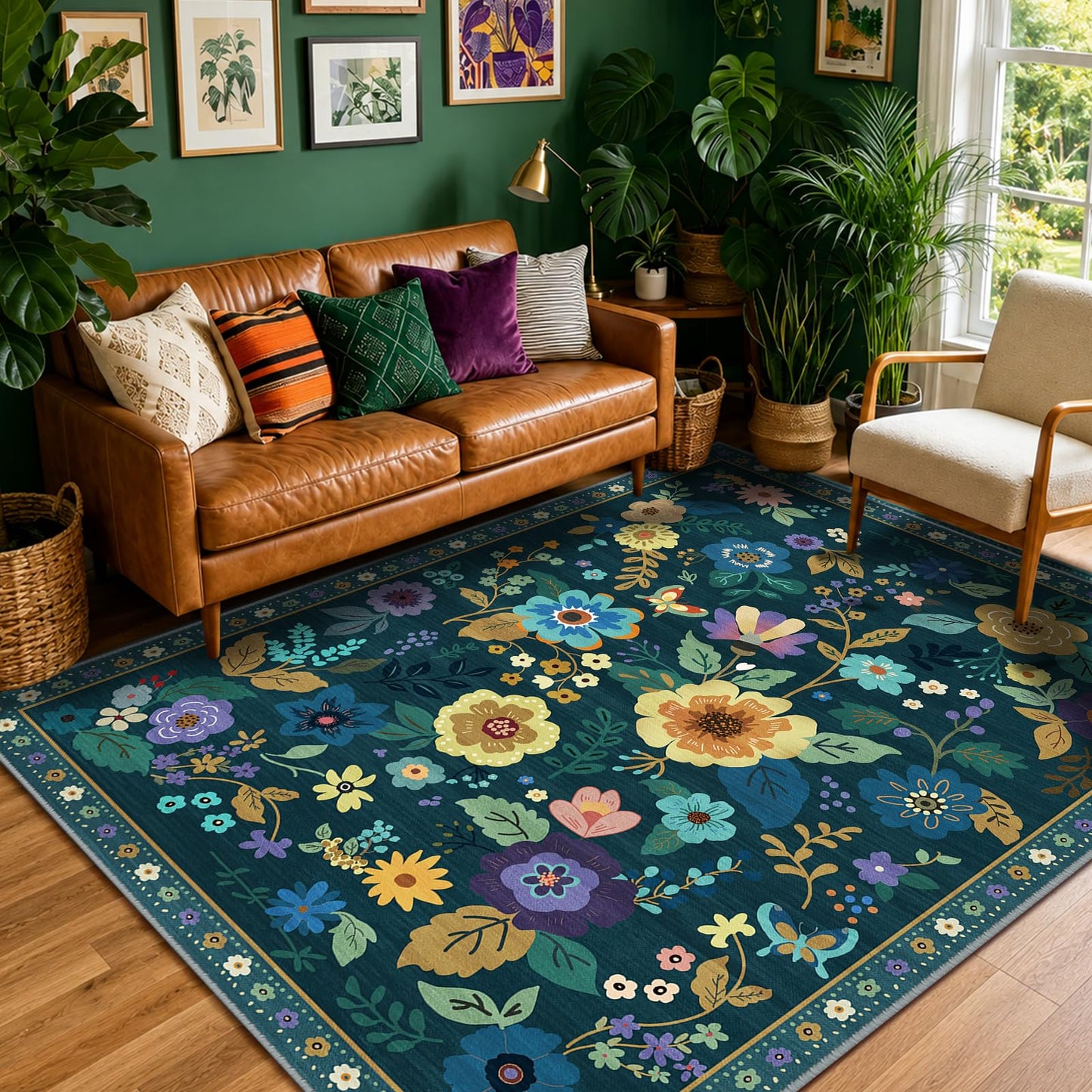 RELEANY Floral Washable 5x7 Area Rugs Beige/White/Orange | Flower Carpet, Print, Boho, Non-Slip, Easy to Clean, Soft, Low Pile for Living Room Bedroom Kitchen Office Entryway Hallway