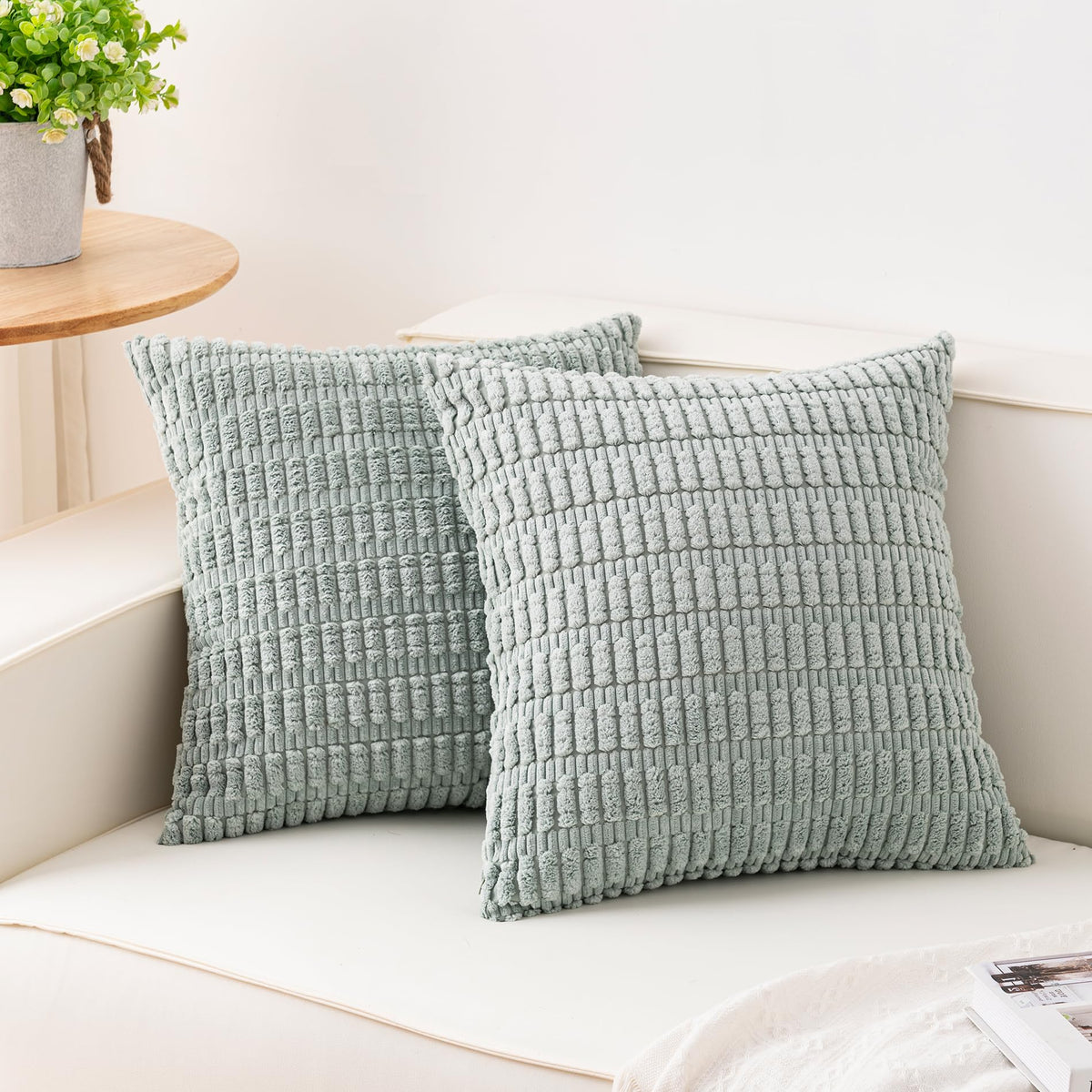 Pack of 2 Corduroy Decorative Throw Pillow Covers 18x18 Inch, Cream White | Fall Soft Striped Pillow Covers Modern Farmhouse Home Decor Christmas Throw Pillow Covers for Sofa Living Room Couch Bed ﻿