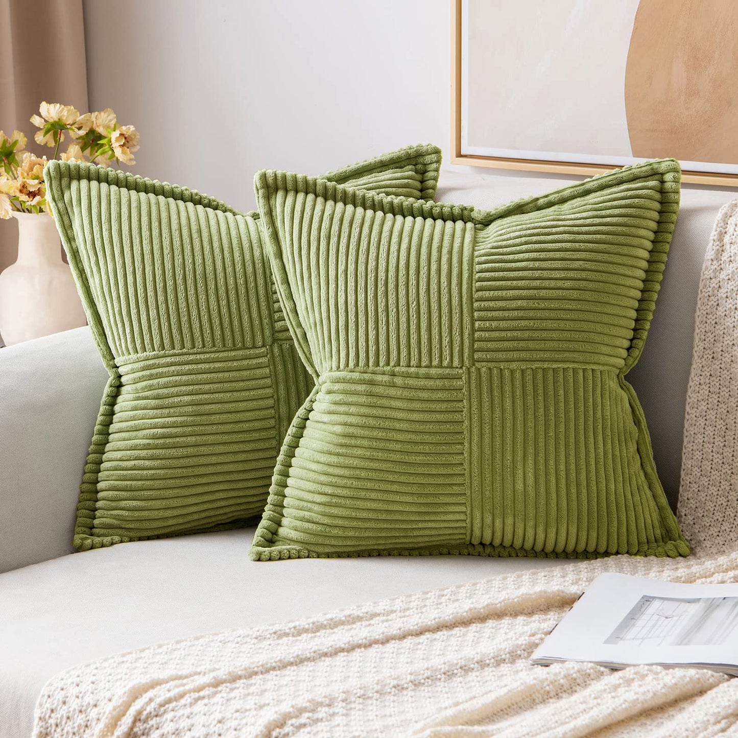 MIULEE Decorative Throw Pillow Covers for Couch 18x18 Inch Beige 2 Pack | Boho Broadside Striped Patchwork Pillow Covers, Soft Corduroy Cushion Cases, For Sofa Bed Livingroom Home Decor