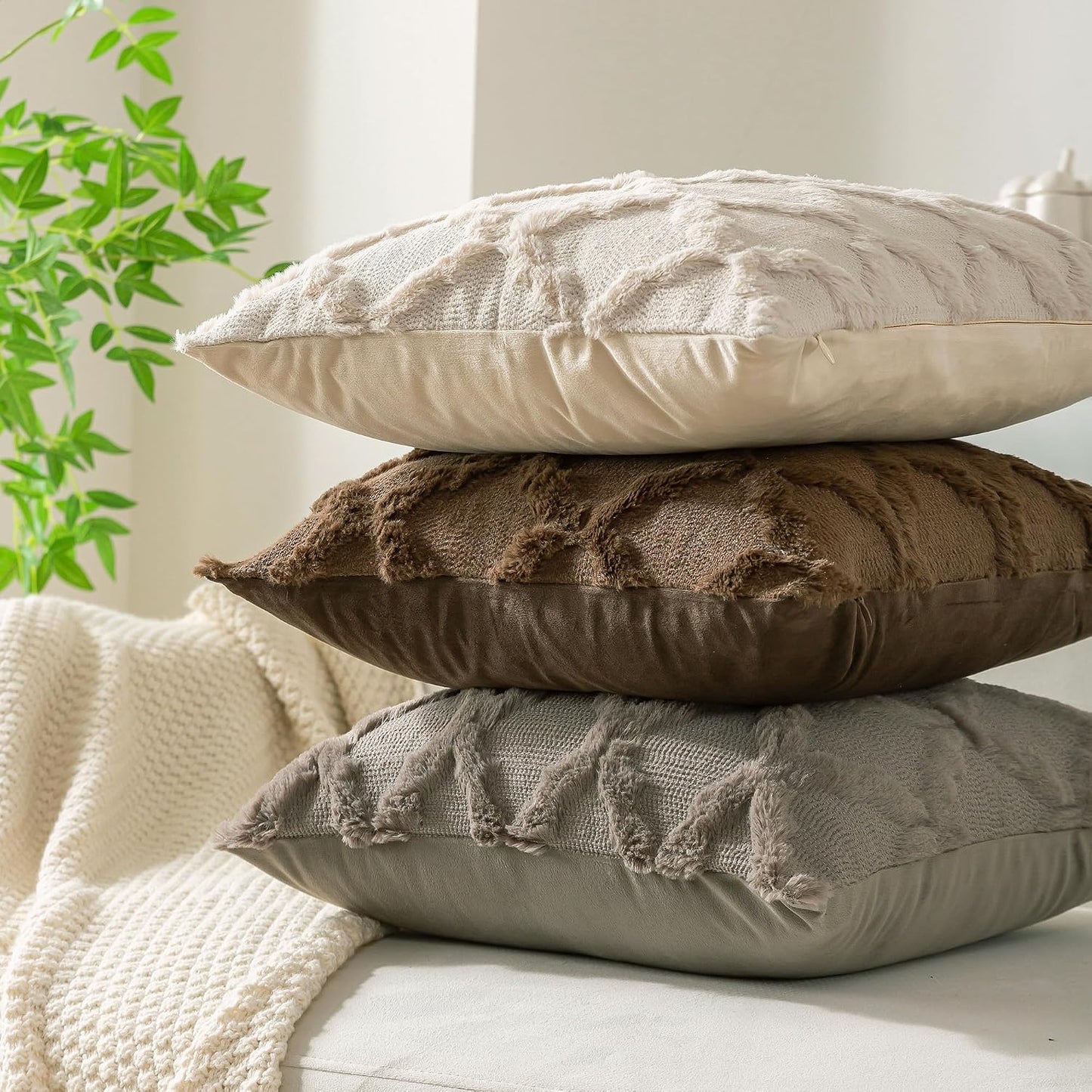 Set of 2 Soft Moroccan Throw Pillow Covers 18x18 Inch Plush Boho Decorative Pillow Cover Accent Cushion Case for Couch Sofa Bed, Beige