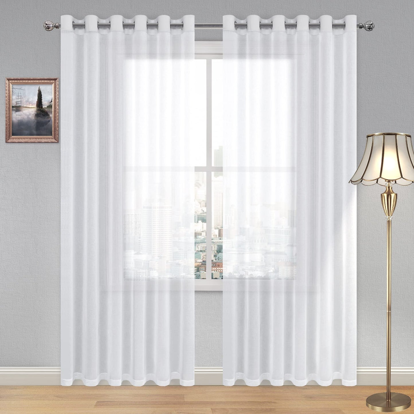 DWCN White Sheer Curtains Linen Look Semi Transparent Voile Grommet White Curtains for Living Dining Room Drapes 52 x 84 Inch Long, Set of 2 Panels
