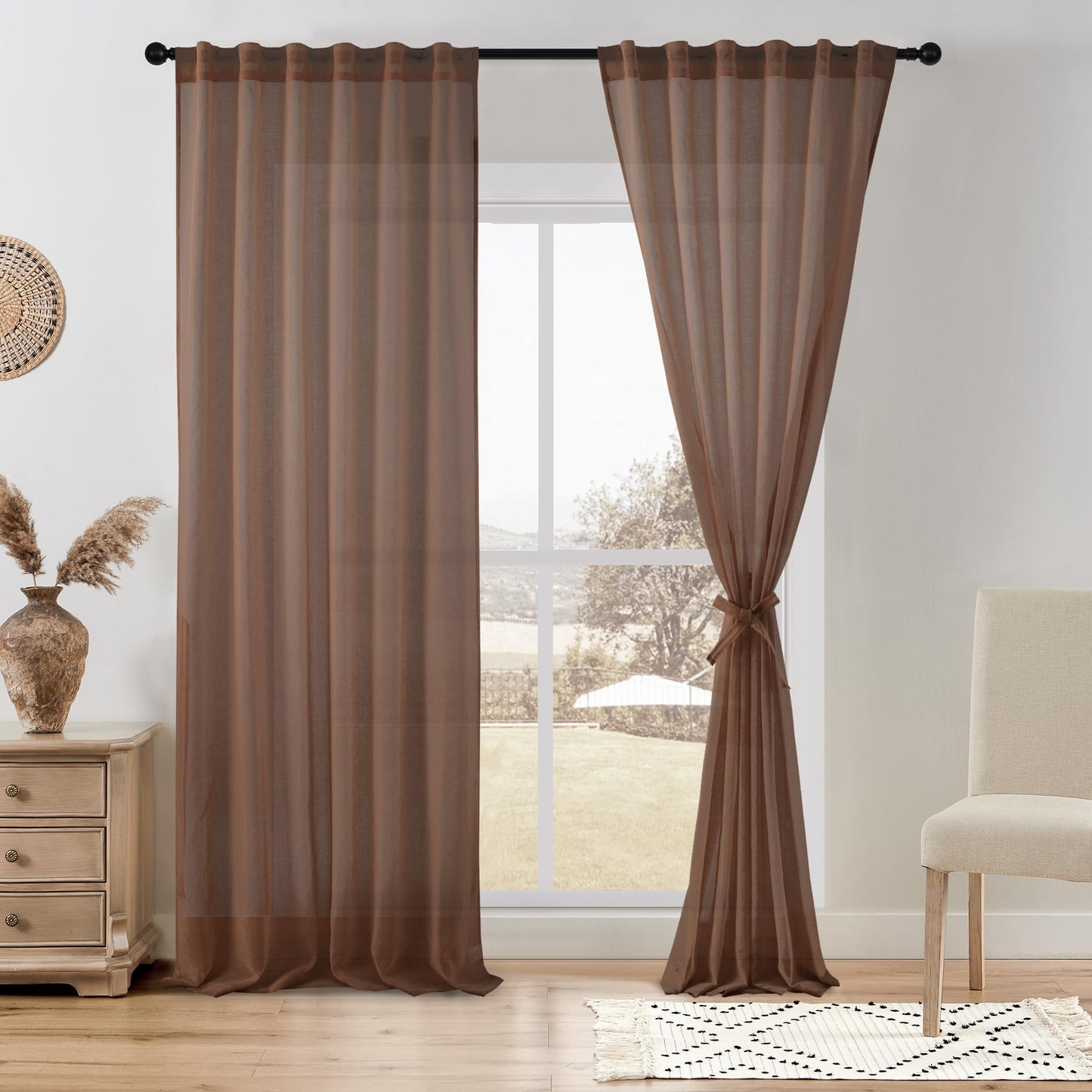 DWCN White Faux Linen Sheer Curtains, 2 Panels, 52x84 Inch | Faux Linen Textured Curtains with Rod Pocket & Back Tab, Semi Voile Light Airy Gauzy Privacy Drapes for Living Room Bedroom