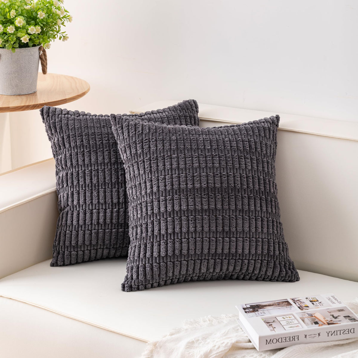 Pack of 2 Corduroy Decorative Throw Pillow Covers 18x18 Inch, Cream White | Fall Soft Striped Pillow Covers Modern Farmhouse Home Decor Christmas Throw Pillow Covers for Sofa Living Room Couch Bed ﻿