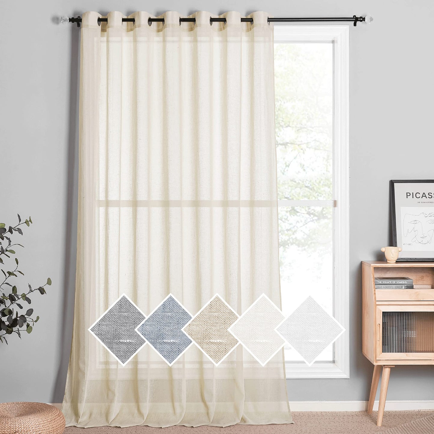 NICETOWN White Sheer Linen Curtains for Living Room 84 inch Length 2 Panels Set, Grommet Semi Sheer Privacy with Light Filtering Flax Window Treatments for Bedroom, W52 x L84