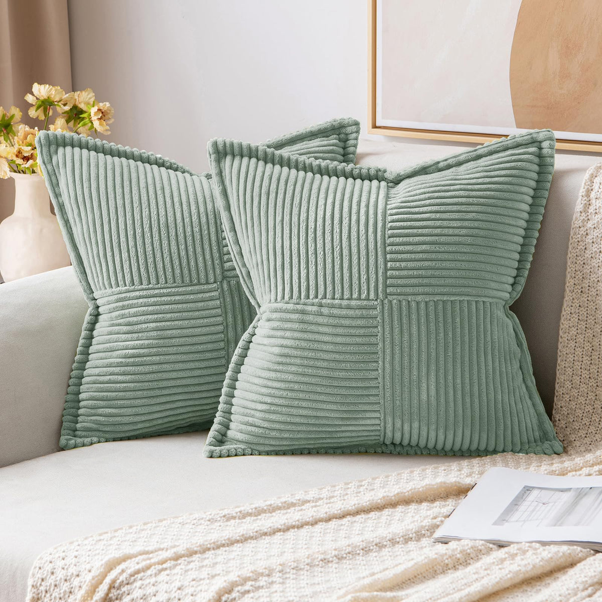 MIULEE Decorative Throw Pillow Covers for Couch 18x18 Inch Beige 2 Pack | Boho Broadside Striped Patchwork Pillow Covers, Soft Corduroy Cushion Cases, For Sofa Bed Livingroom Home Decor