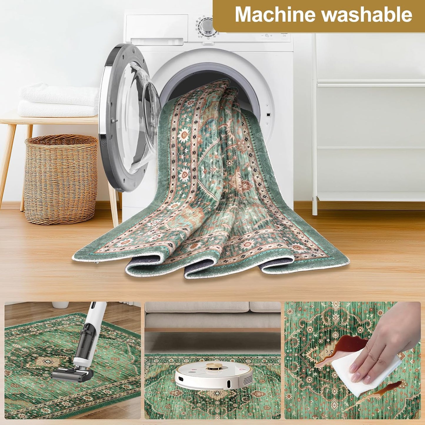 Vintage Texture Area Rug, Machine Washable, Anti-Slip, Stain Resistant, Soft Plush Floor Carpet for Living Room, Bedroom, Office(Green, 200 * 250CM)