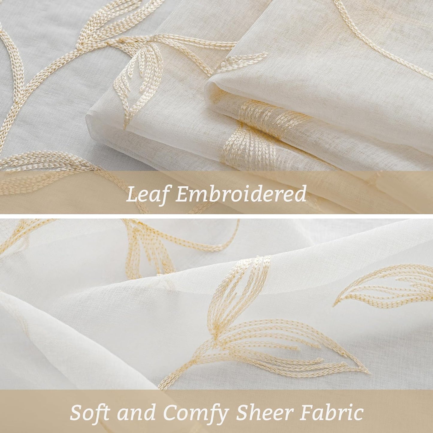 Sheer Curtains Boho Leaf Floral Embroidered Cream Beige 54Wx84L | Light Filtering Semi Sheer Voile Curtains With Design, Rod Pocket Window Drapes for Bedroom Living Room 2 Panels