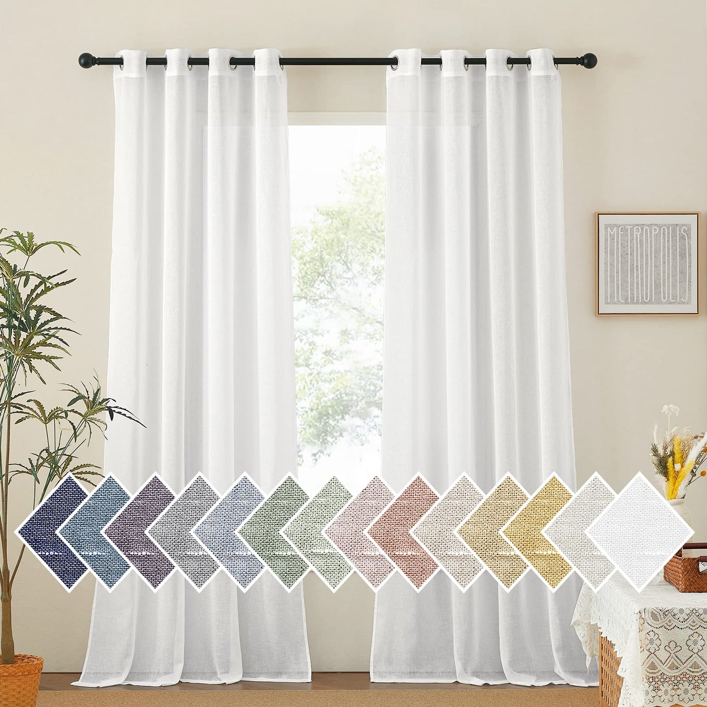 NICETOWN White Sheer Linen Curtains for Living Room 84 inch Length 2 Panels Set, Grommet Semi Sheer Privacy with Light Filtering Flax Window Treatments for Bedroom, W52 x L84