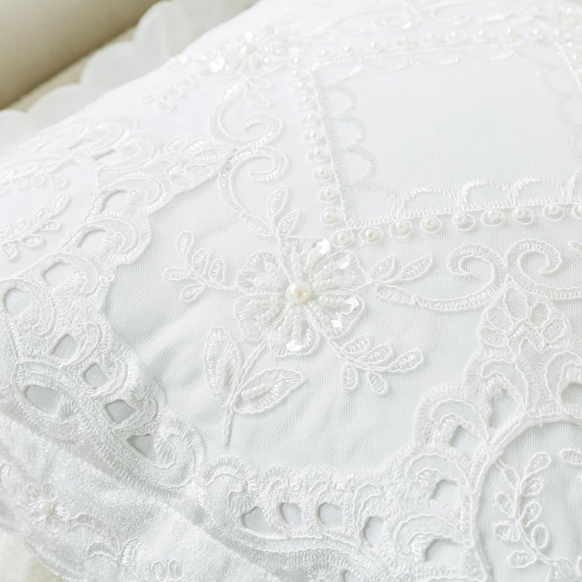 White Embroidery Throw Pillow Cover with Floral Hand Beaded 16"x16", 1 Pack | Handmade Cushion Cover, Wedding Pillowcases, Cotton Blending Silk