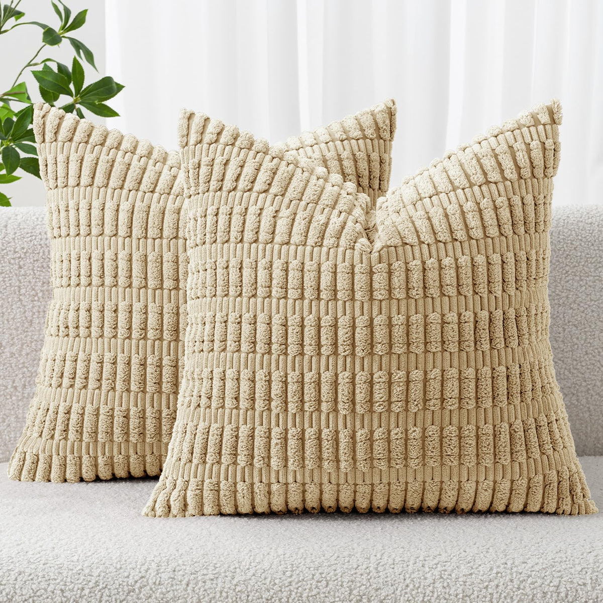 MIULEE Corduroy Decorative Throw Pillow Covers 18x18 Cream White Pack of 2 | Soft Boho Striped Pillow Covers Modern Farmhouse Home Decor For Sofa Living Room Couch Bed
