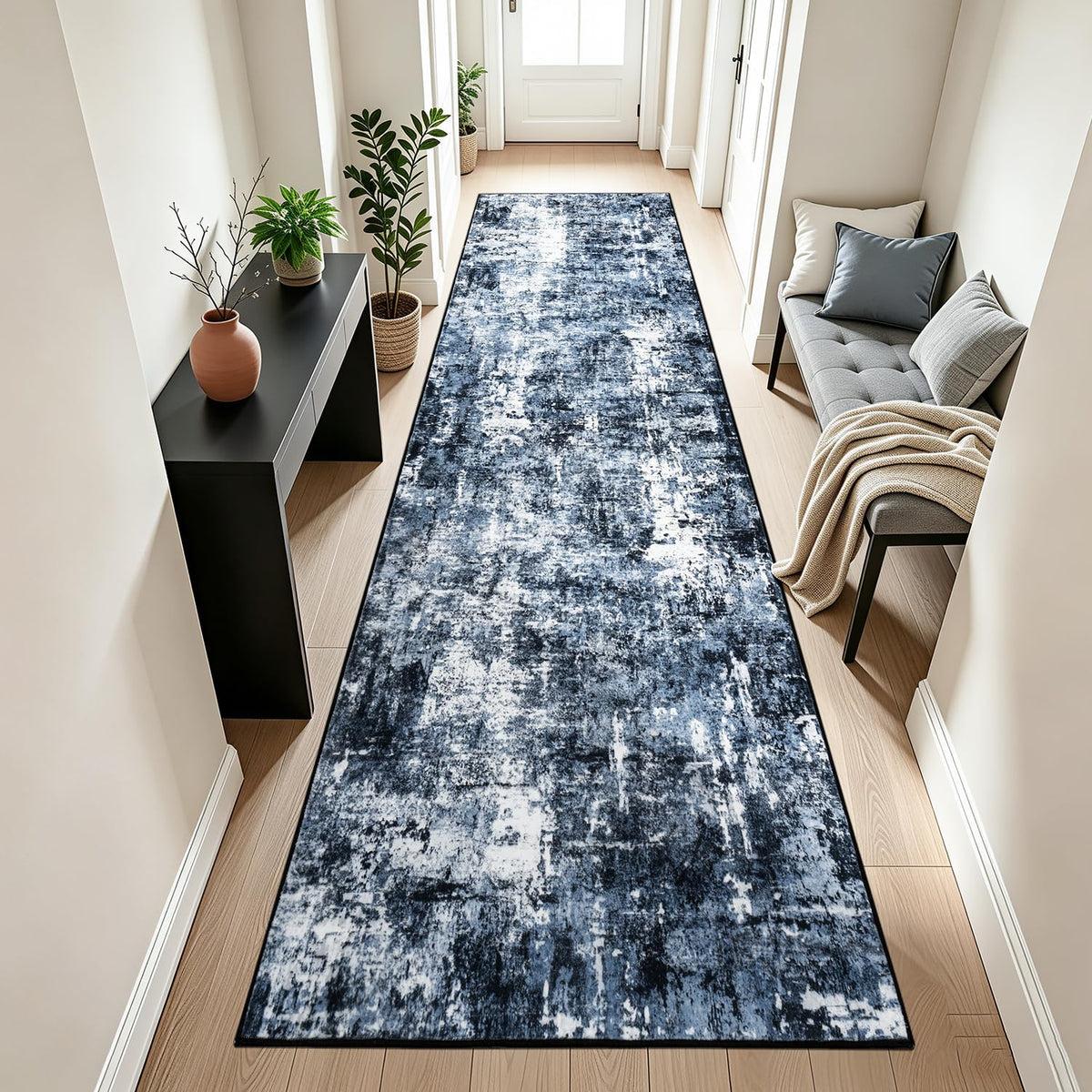Rugflix 8x10 Area Rugs for Living Room, Washable Large Rug Stain-Resistant Low Pile, Modern Dark Carpet for Dining Room Home Office Kid Room Nursery Bedroom, Navy Blue/Black