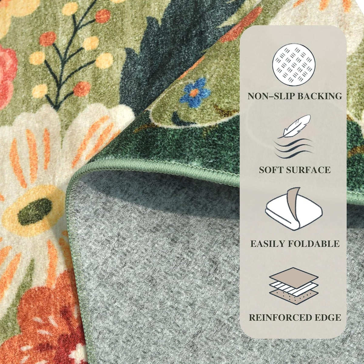 5x7 Washable Area Rug Green Boho Floral for Living Room Bedroom Nursery | Carpet for Dining Room, Soft Low-Pile Non-Slip Faux Wool, Farmhouse Indoor, Kid & Pet Friendly, Stain, Fade & Wear Resistant